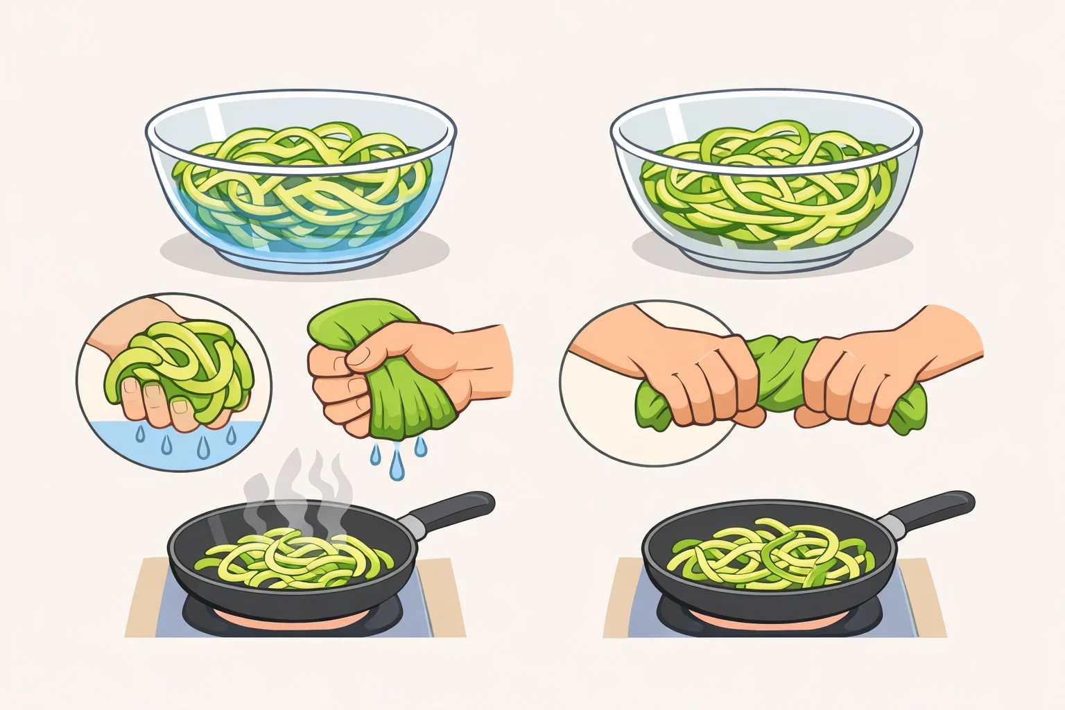 Side-by-side example of a watery zoodle bowl with liquid pooling at the bottom versus a properly drained, crisp burrito zoodle bowl