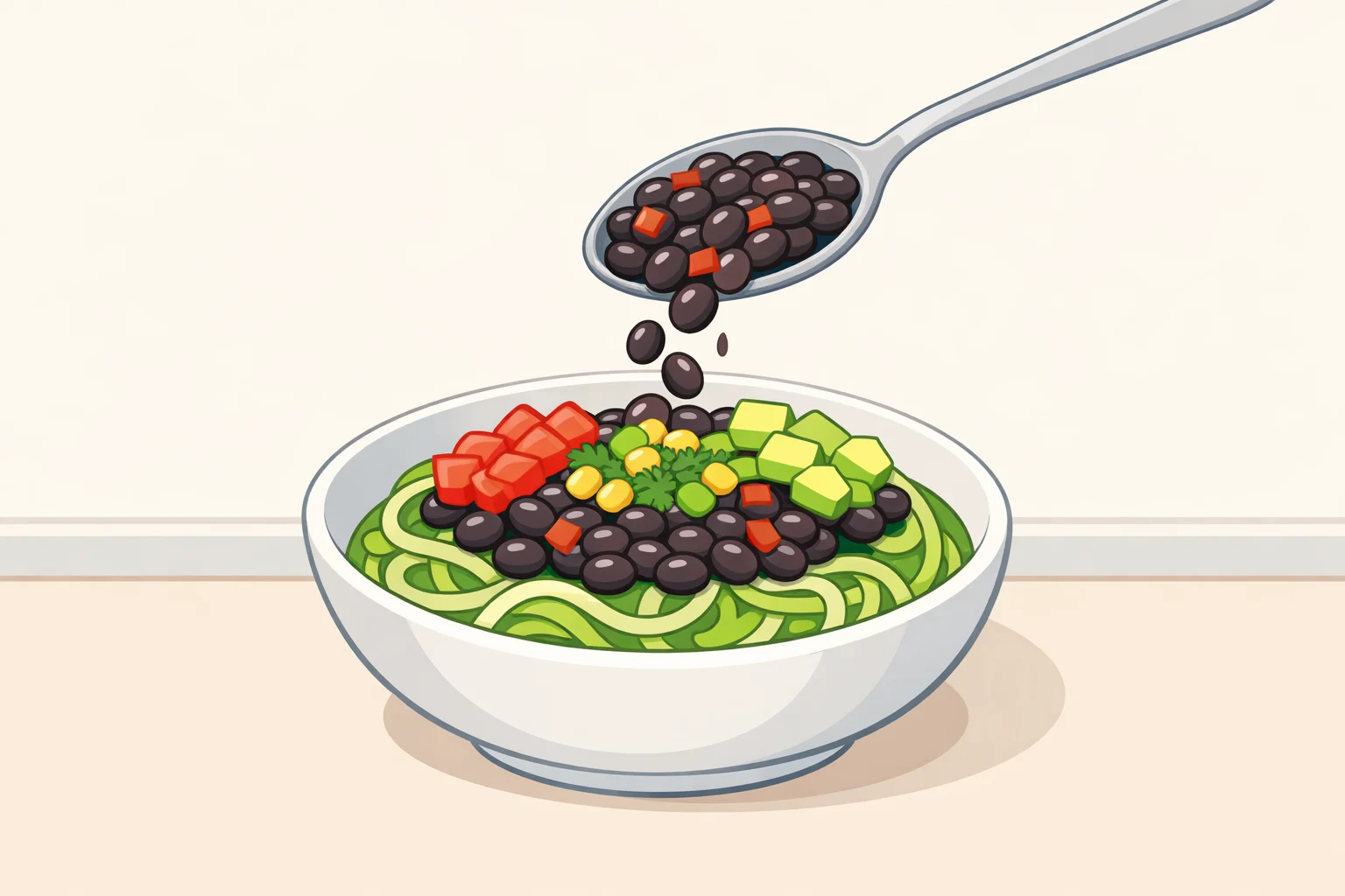 Finished burrito-style bowl with shallow zucchini noodles topped by hot spiced black beans, tomatoes, corn, and optional cilantro or avocado