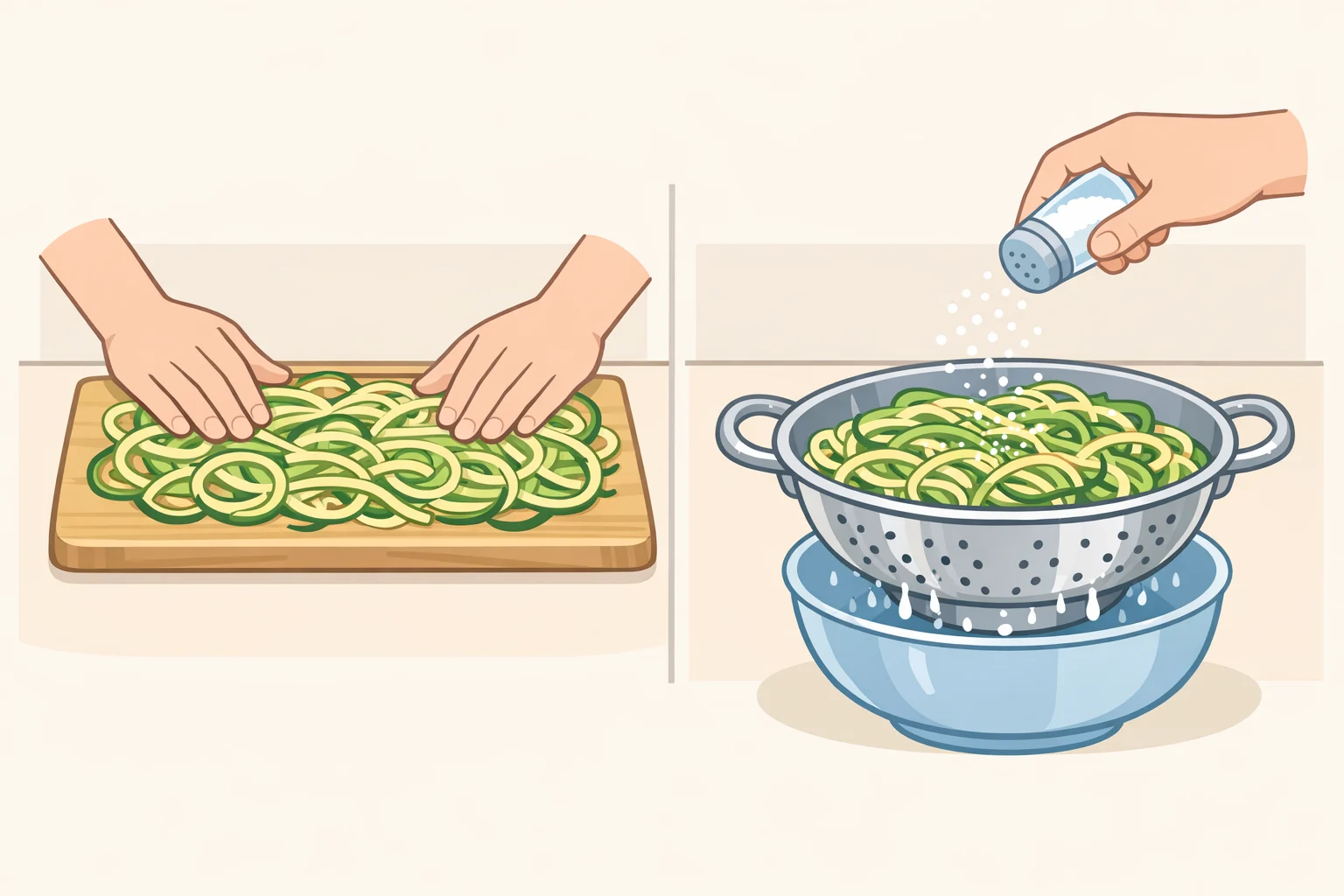 Close-up of spiralized zucchini noodles tossed with salt in a colander, showing the 10–15 minute draining step for a burrito zucchini noodles recipe