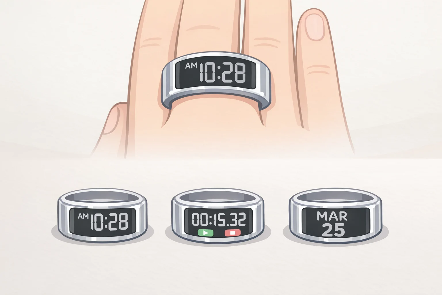 Close-up of the Casio CRW-H001M-8 smart ring watch with a functional digital display showing time, stopwatch, and calendar functions