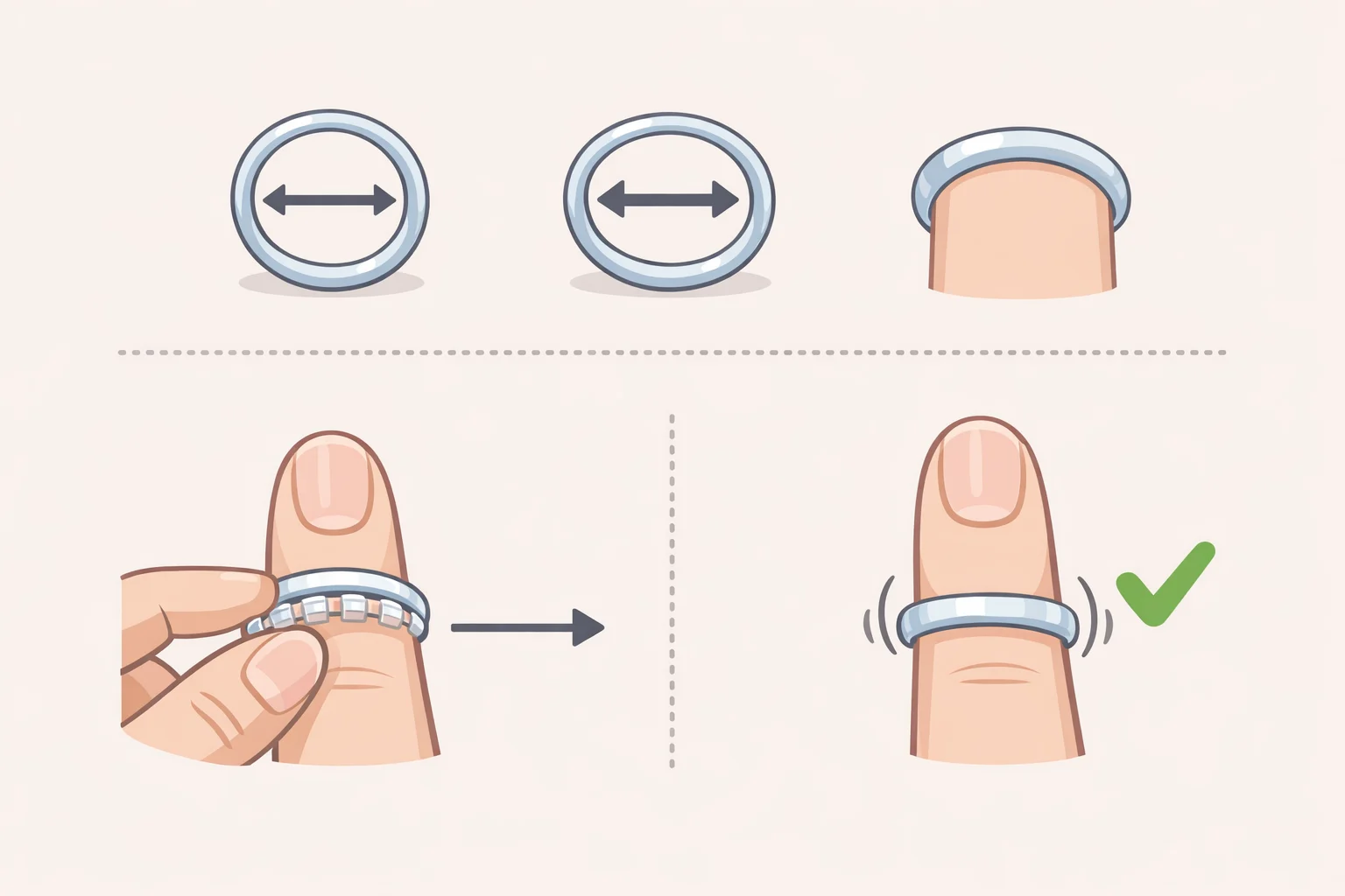 Infographic comparing the CRW-H001M-8 ring inner diameters (sizes 19.3mm, 20.1mm, 20.9mm) and showing how direct sensor contact improves measurement consistency