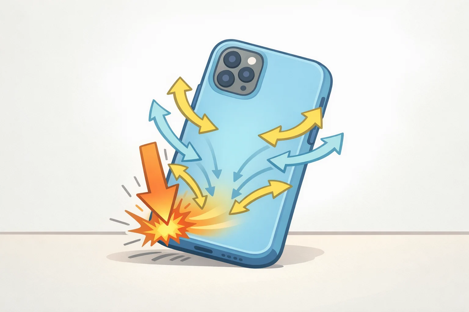 Illustration of a drop where a phone case absorbs and disperses impact energy across a wider surface area, like a bike helmetexplaining why Are expensive phone cases worth it.