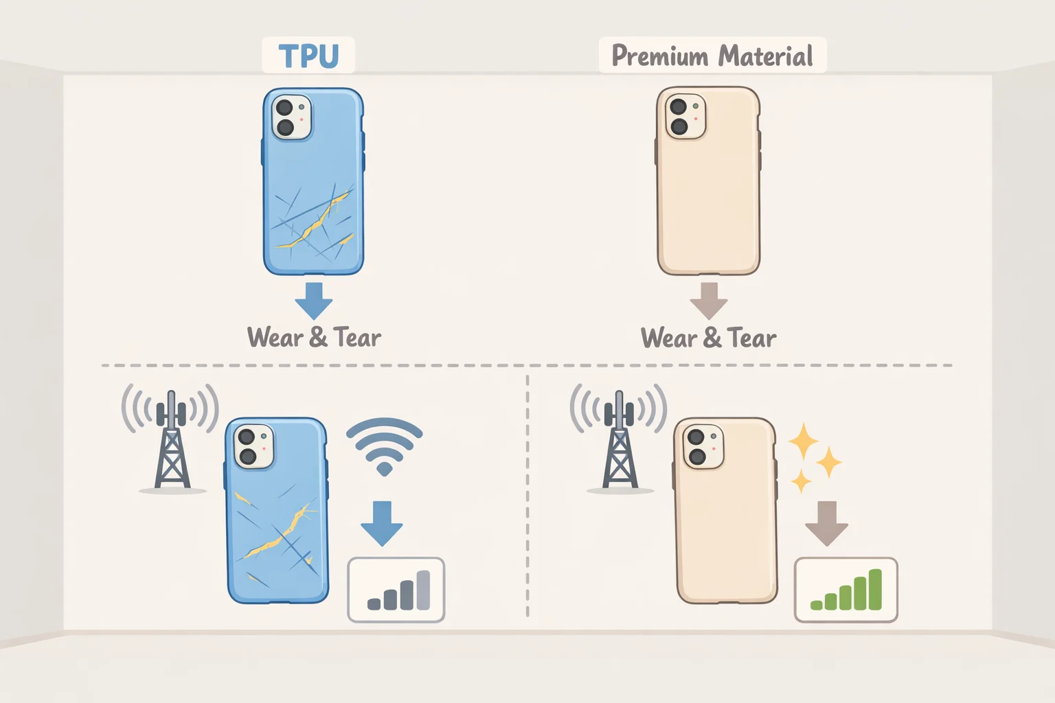 Side-by-side illustration of phone case materials: flexible TPU gripping and yellowing over time versus premium thin hybrid or aramid options focused on bulk reduction and warranty-ready construction