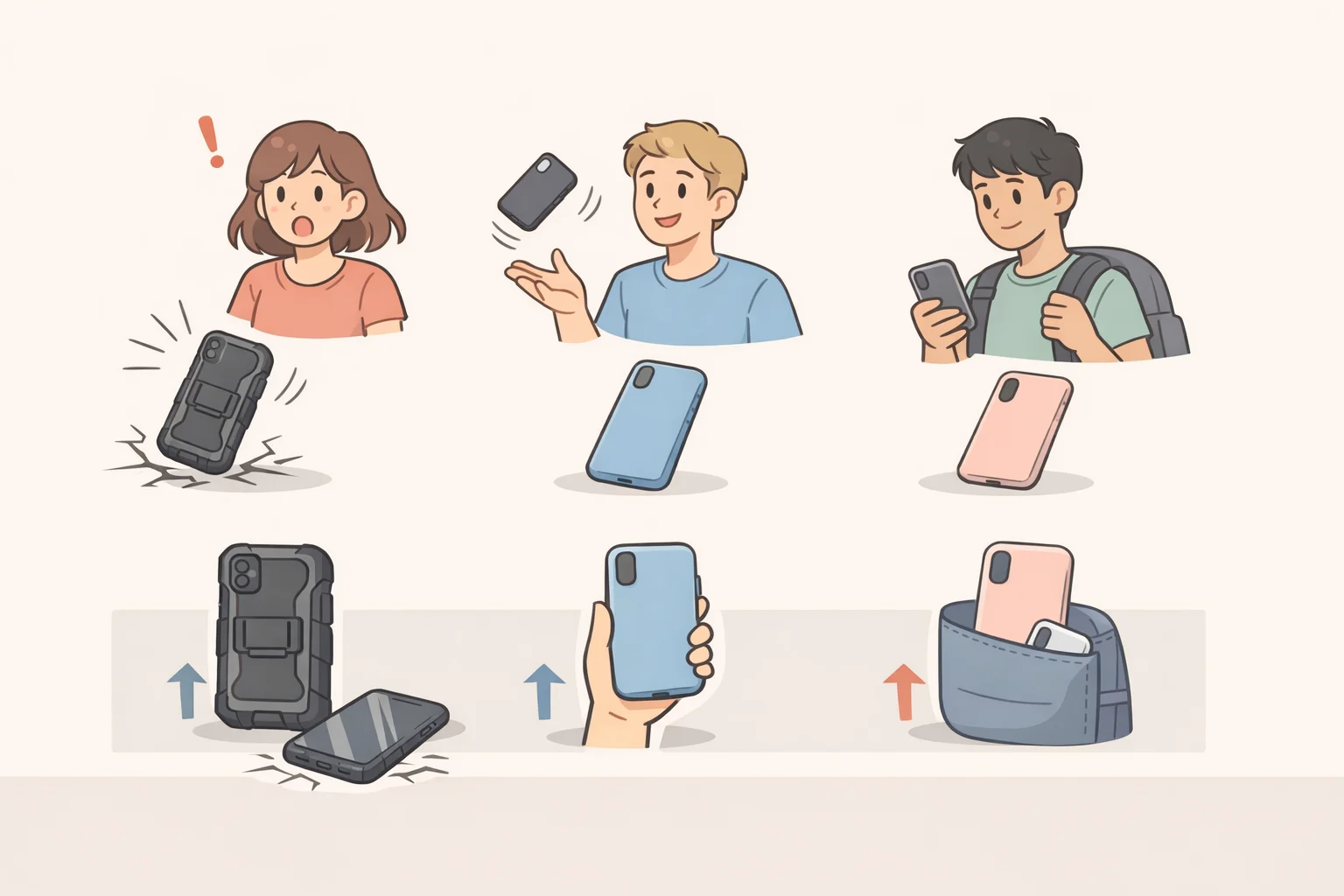 Illustration showing three phone case choices aligned to usage profiles: a slim TPU everyday case, a thicker reinforced hybrid for frequent droppers, and a minimal aramid case for thin-case users with signal compatibility