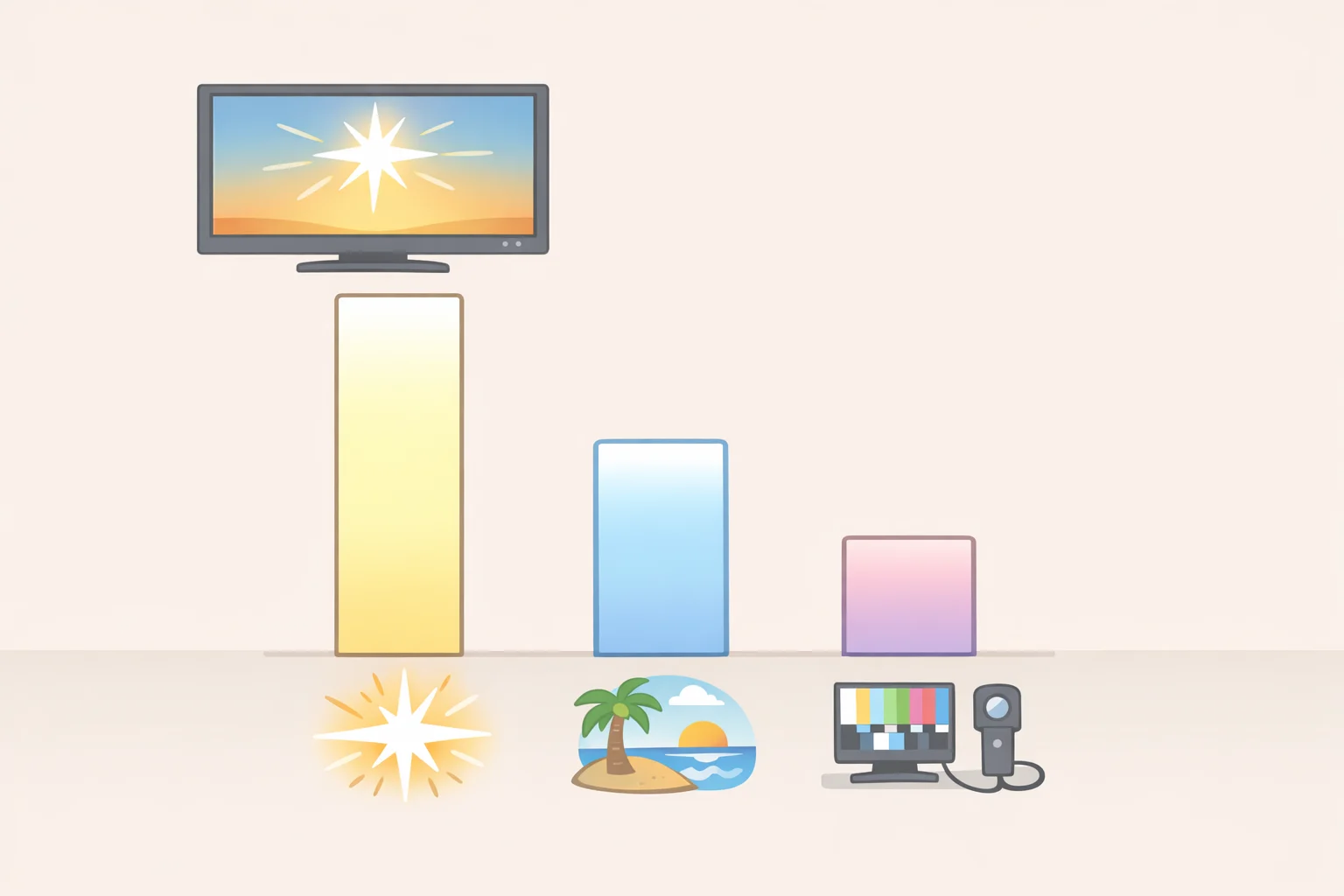 Illustration comparing a TV's advertised 10,000-nit peak number to the brightness of typical 4K HDR mastering (around 1,000 nits, up to about 4,000), and to measured test-window brightness values