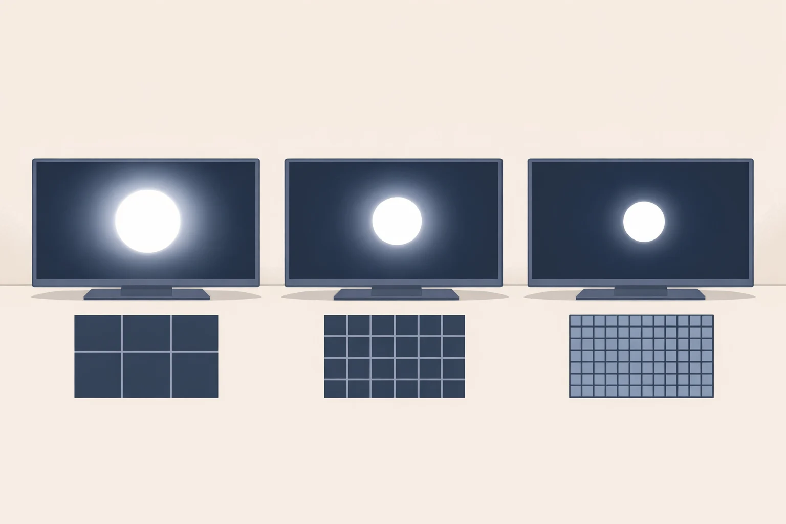 Cross-section illustration of an RGB LED backlight with local-dimming zones demonstrating blooming/halo effects around subtitles or bright stars compared across zone implementations