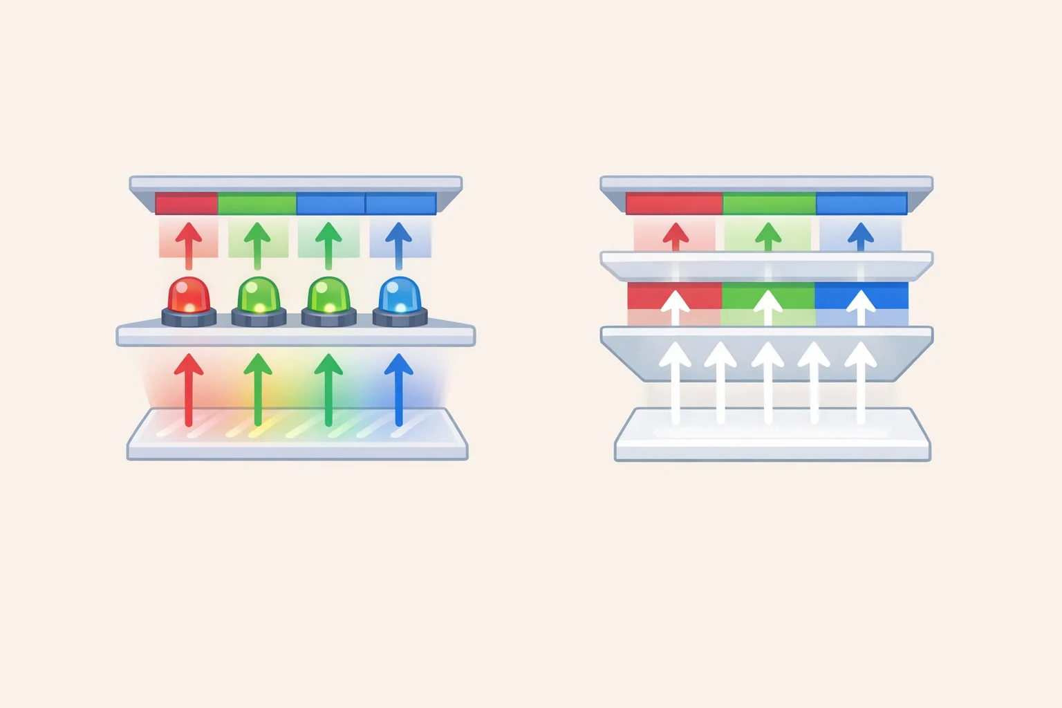 Diagram explaining how RGB LED TVs generate color in the backlight with red, green, and blue mini LEDs compared to conventional LCD/LED backlights with a color filter, as part of how to choose an RGB LED TV
