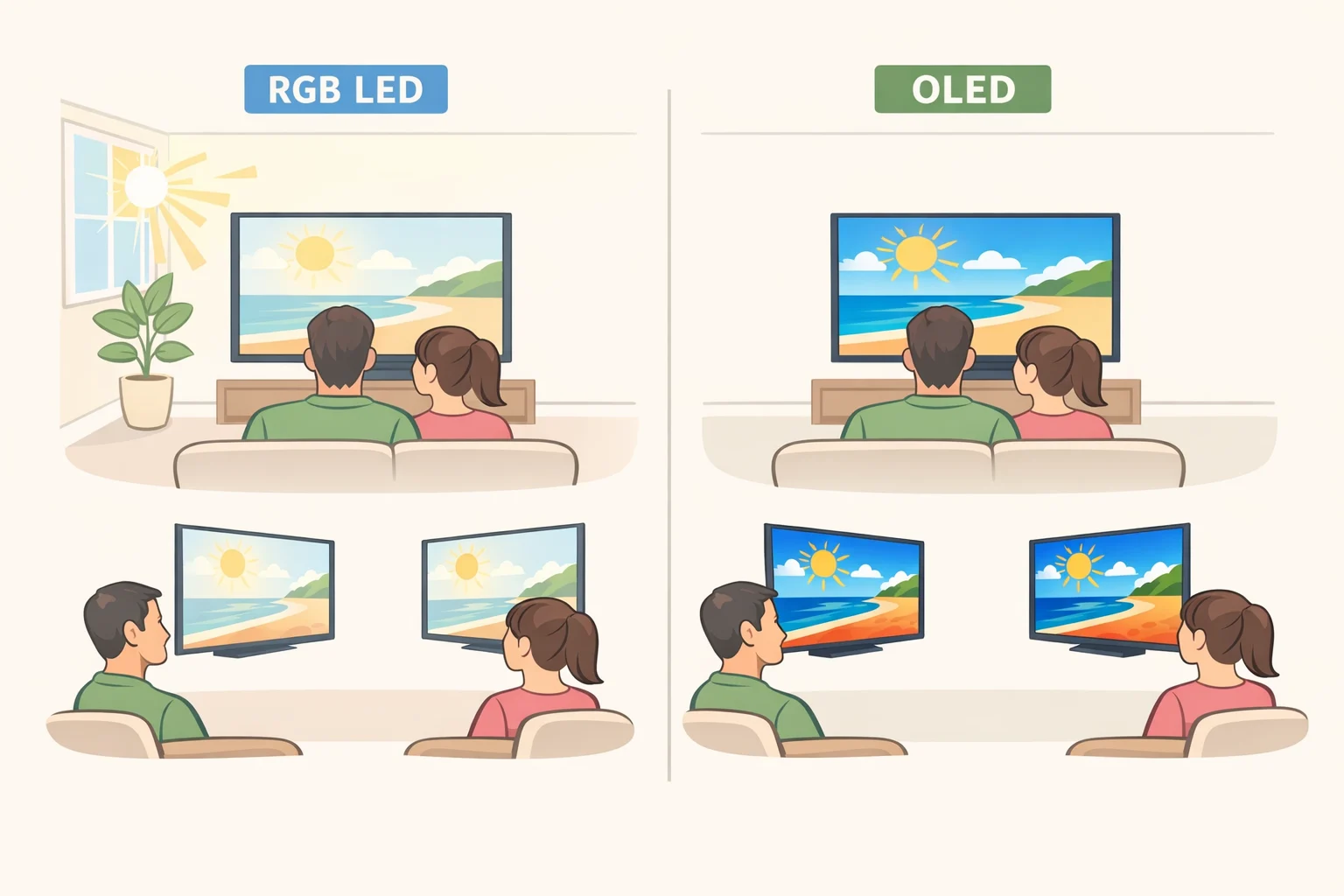 Side-by-side scene showing a bright living room with front-facing seats benefiting RGB LED glare handling, contrasted with a darker room where OLED’s black levels and wide viewing angles look better