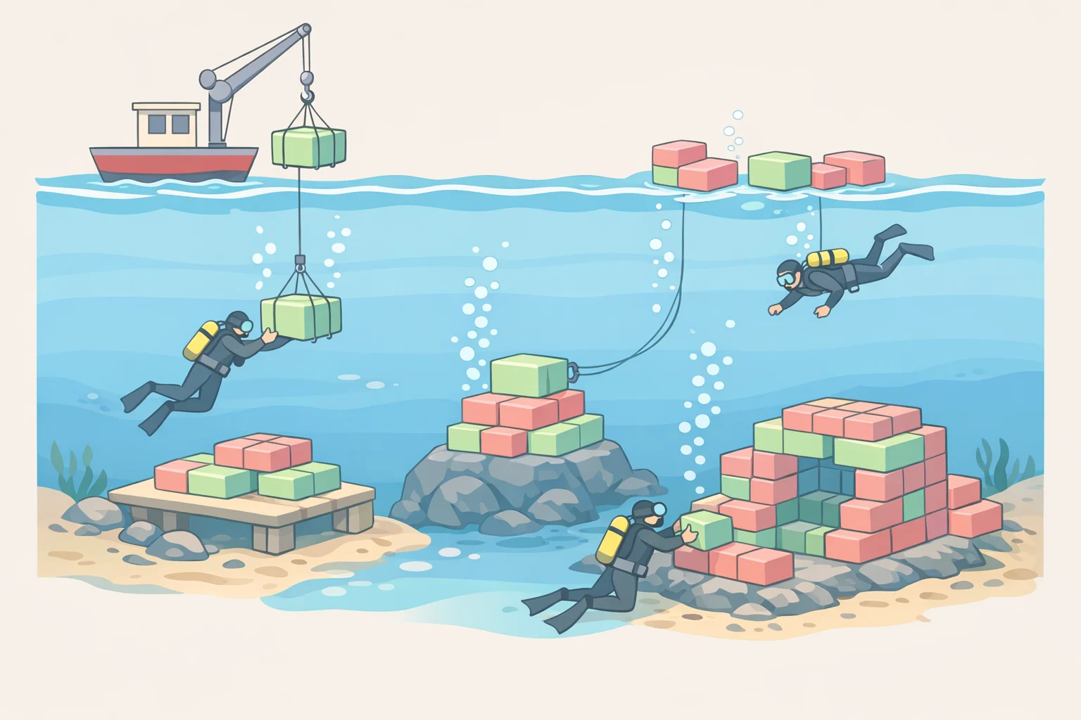 Pokémon Pokopia Bubbly Basin underwater building view showing buoyant blocks floating at multiple depths while the player constructs 3D structures