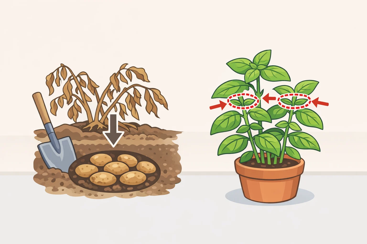 A garden diagram showing potato vines turning down before digging and basil plants with highlighted pinch points to encourage fresh growth during August