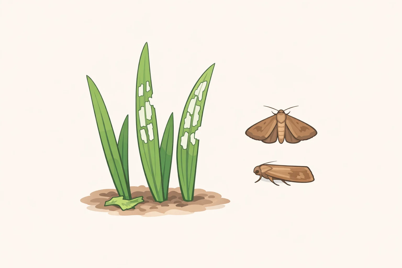 A close-up illustration of grass blades with the windowpane feeding pattern and small brown moths to help spot fall armyworms during weekly lawn scouting