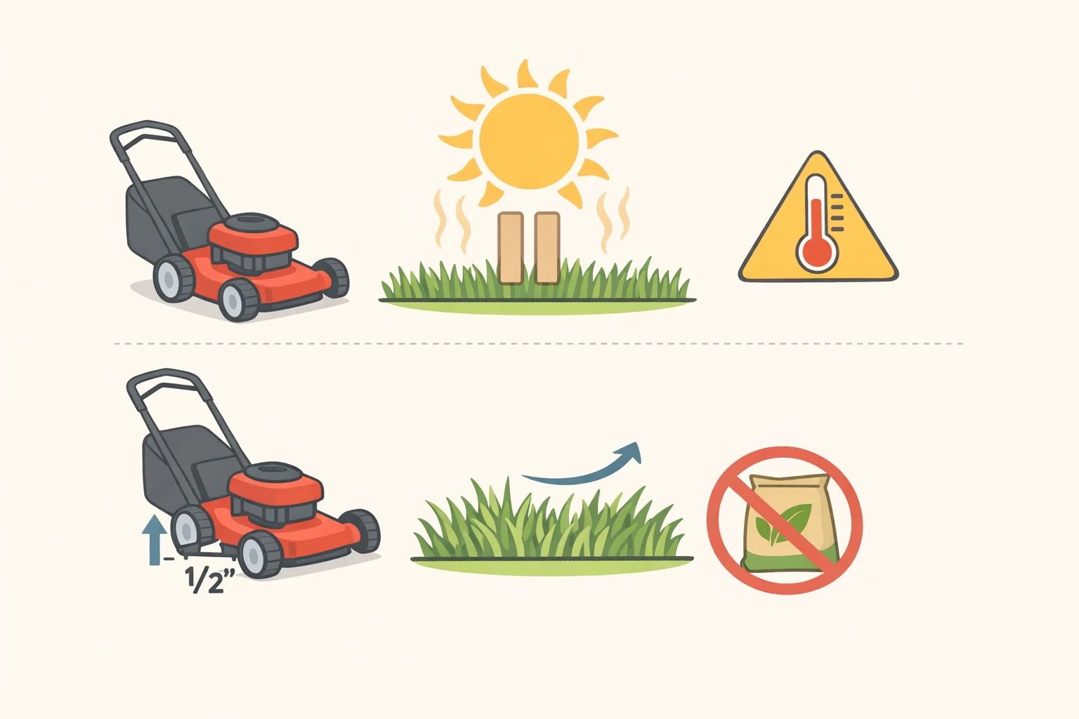 An illustration of a warm-season lawn care flowchart: pausing mowing during drought stress, then mowing with the deck raised by about half an inch and stopping nitrogen after August 15