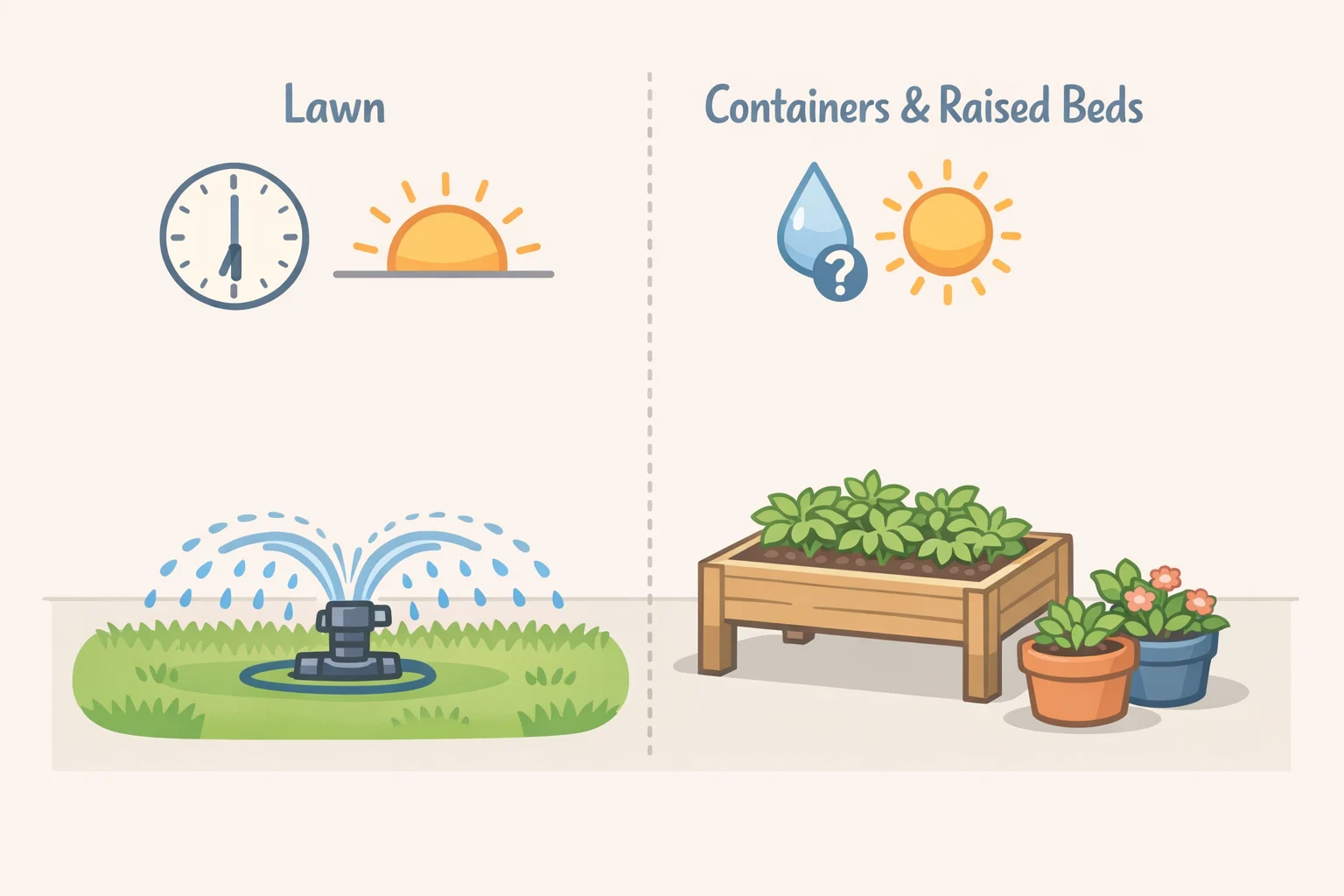 An illustration of early-morning lawn sprinklers running on a deep watering schedule alongside a raised bed and container garden needing closer attention—August gardening tasks focused on watering correctly