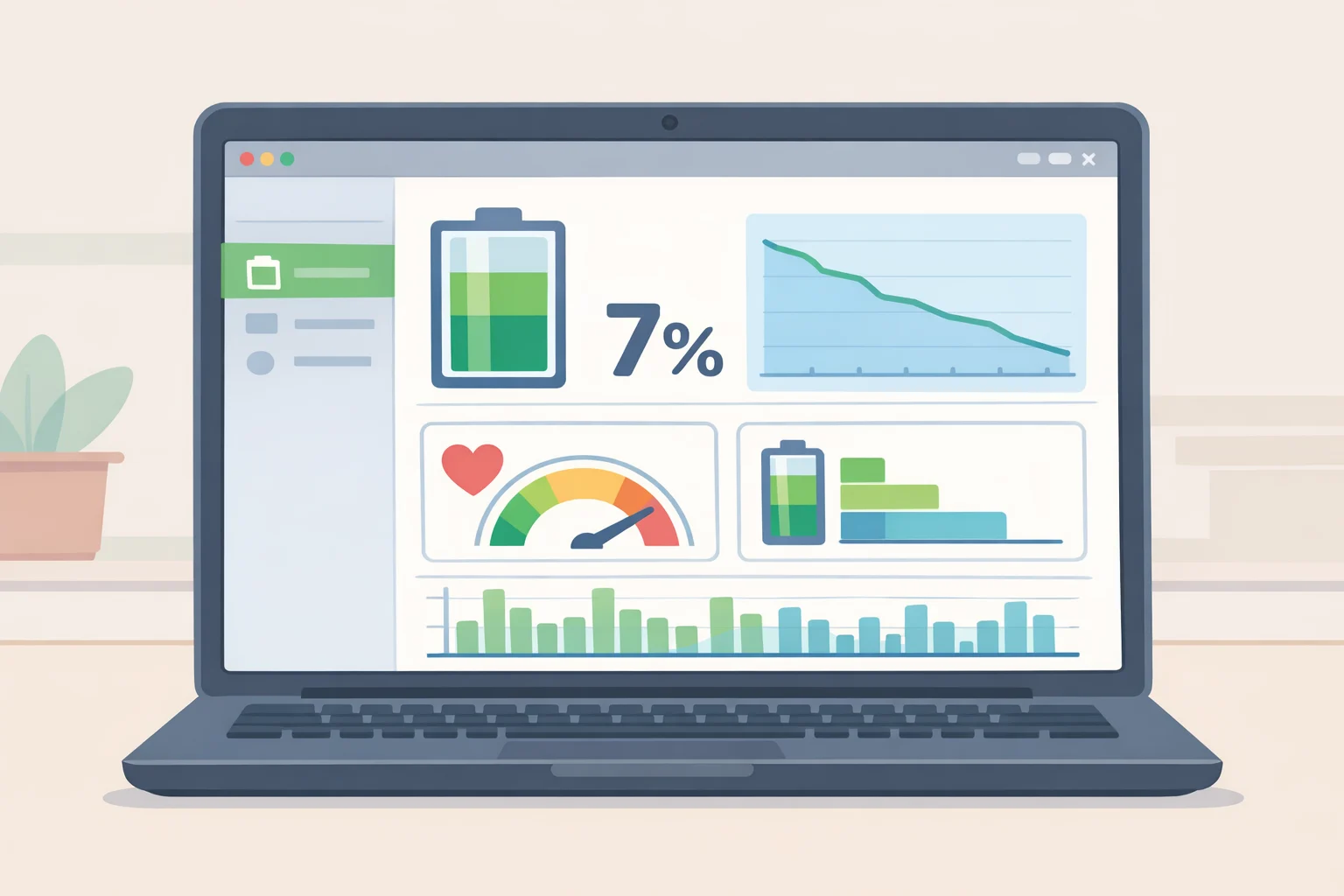 Mission Center Battery page showing real-time charge in/out graphs, battery health, energy full vs design capacity, and charge threshold, illustrating how to monitor battery and disk usage on Linux