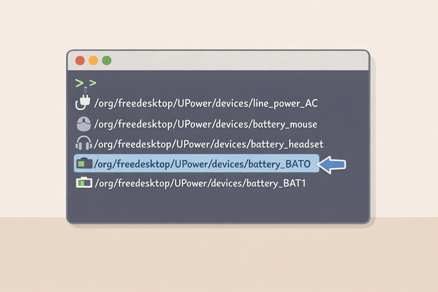 Terminal showing the command upower --enumerate and identifying the battery device path for battery_BAT0