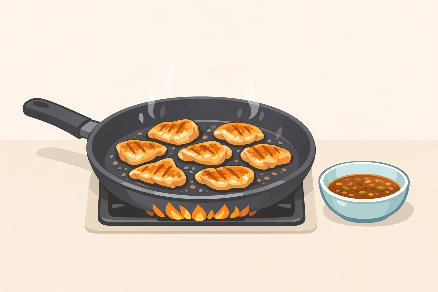 Illustration of chicken pieces draining briefly from marinade and being arranged in a single layer in a hot cast-iron pan to achieve caramelized edges