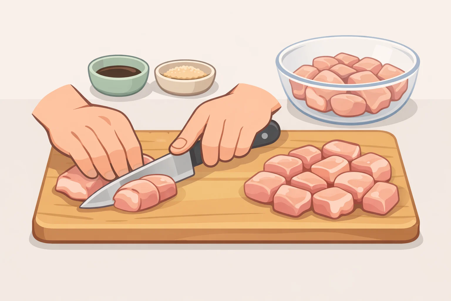 Illustration of chicken thighs cut into roughly 2-inch by 1-inch pieces for the Korean barbecue chicken recipe dak bulgogi