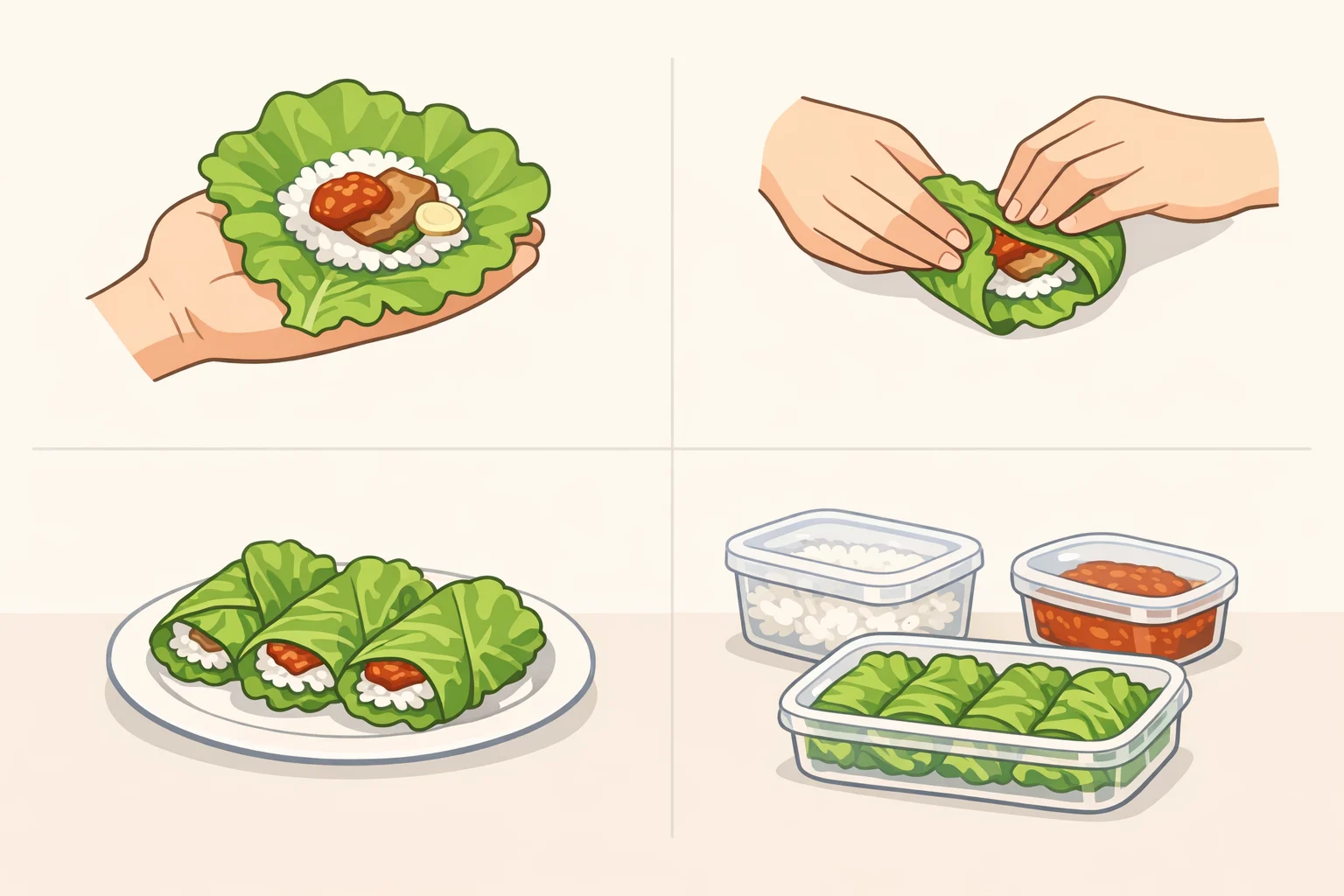 Illustration of dak bulgogi served as a lettuce-leaf ssam wrap with rice and ssamjang, alongside airtight containers for refrigerating leftovers