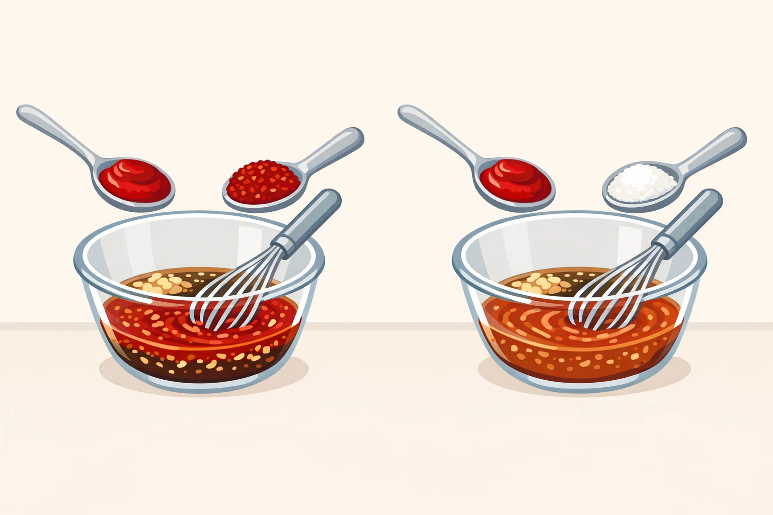 Illustration of a bowl of Korean barbecue chicken marinade showing two variations: a spicier gochujang-gochugaru mix and a milder reduced-gochujang version