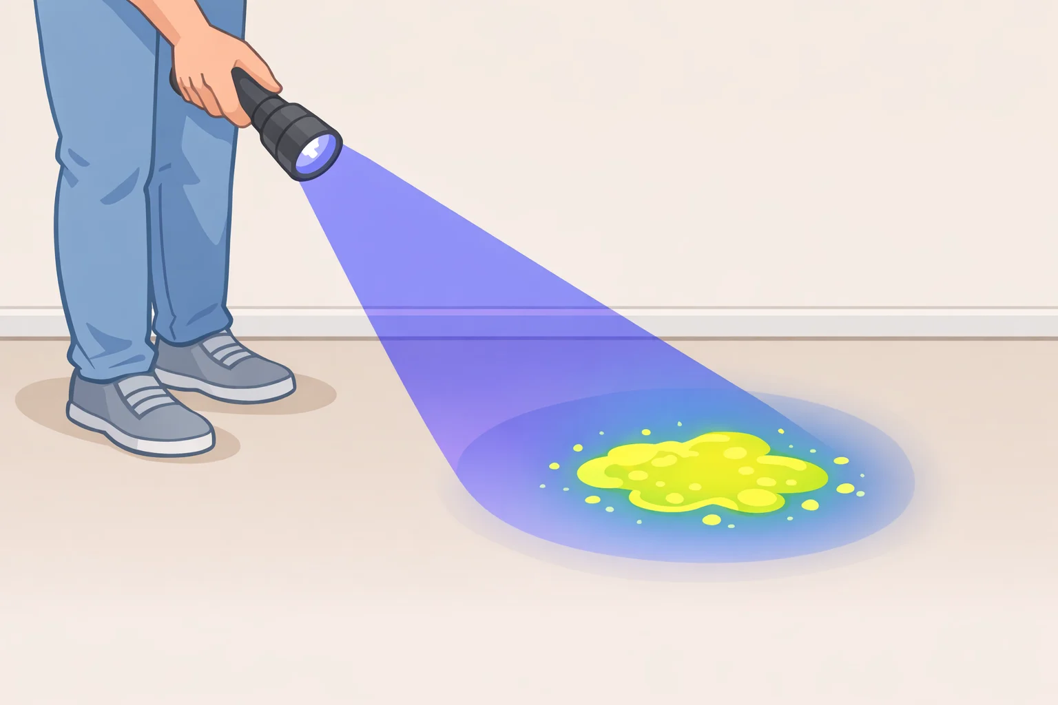 A UV flashlight revealing pale-yellow or greenish pet urine residue on a carpet spot that is hard to see in normal light