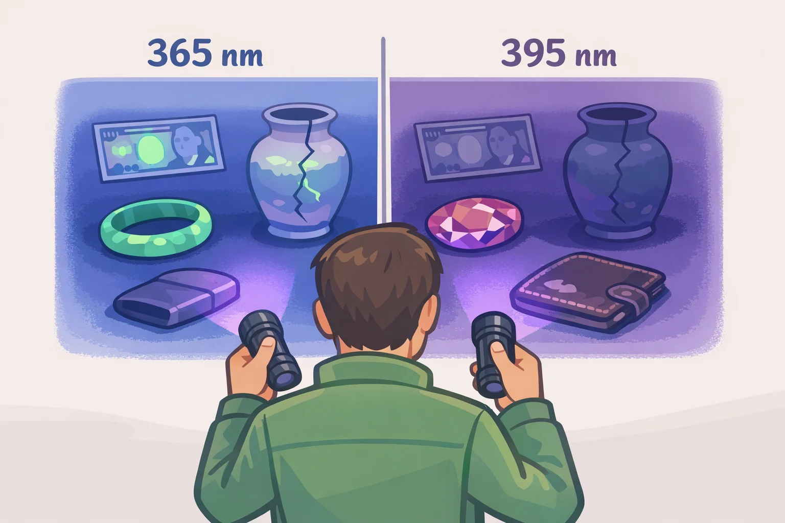 Comparison chart-style view of 365 nm and 395 nm performance for a what is a blue light flashlight used for tool, showing different fluorescence results by task
