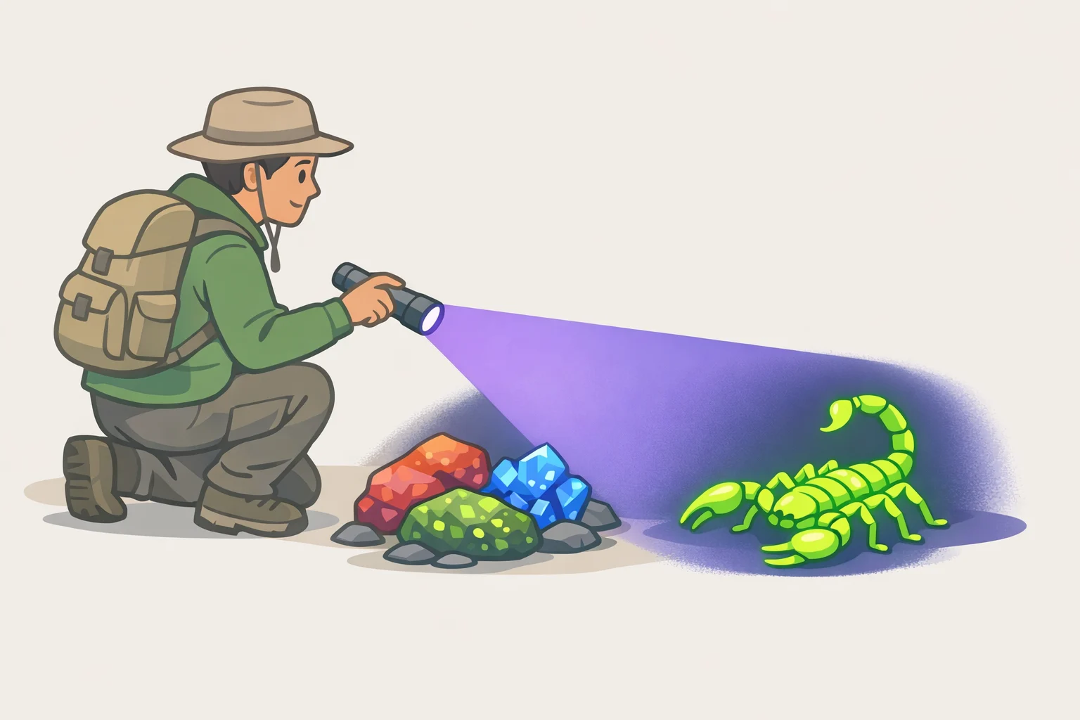 UV light turning ordinary-looking rocks into green, red, or yellow fluorescence and causing a scorpion to glow neon green