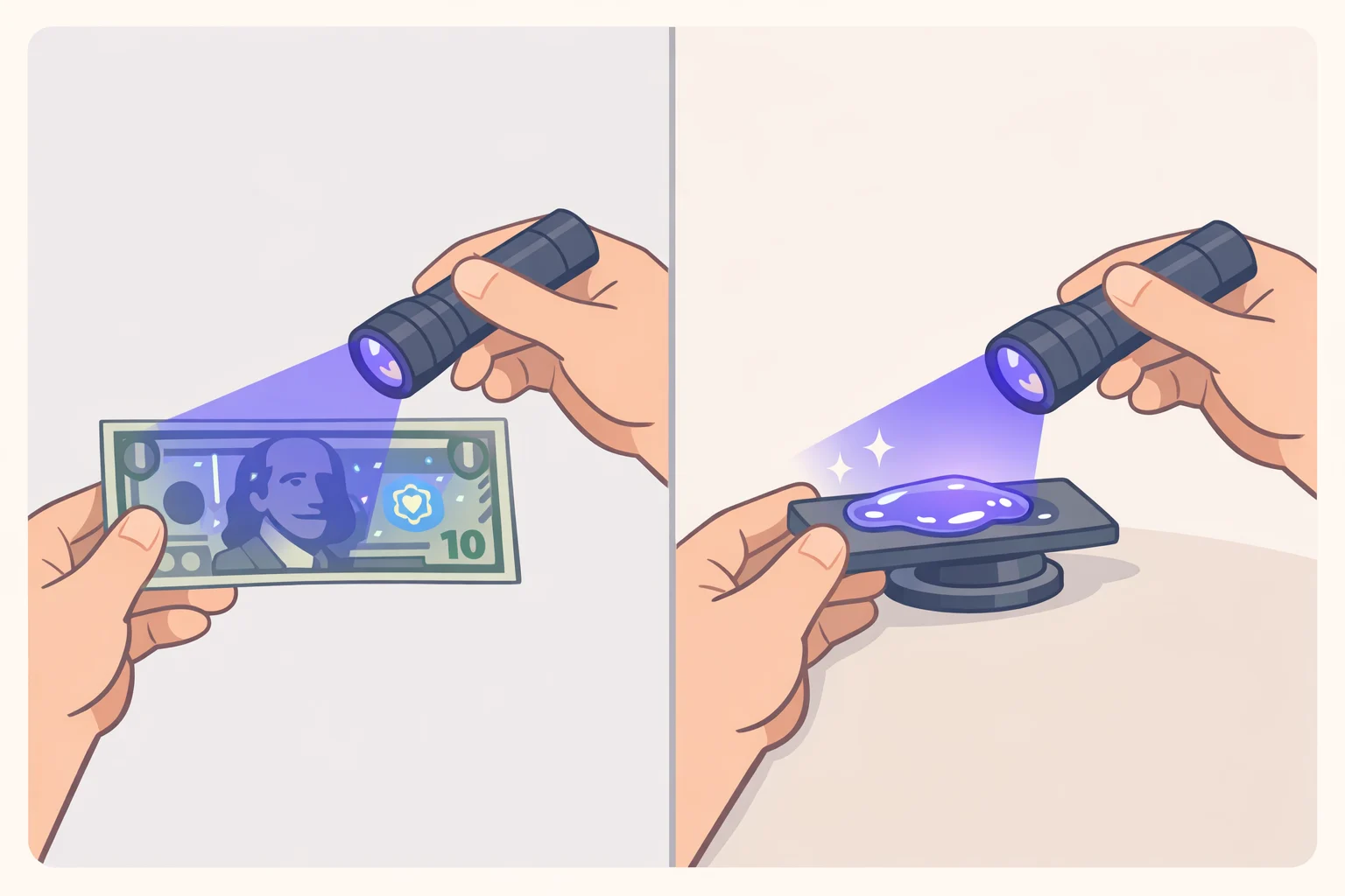 A UV flashlight checking UV-reactive threads or inks on a banknote and showing cured UV resin hardening on a small craft project