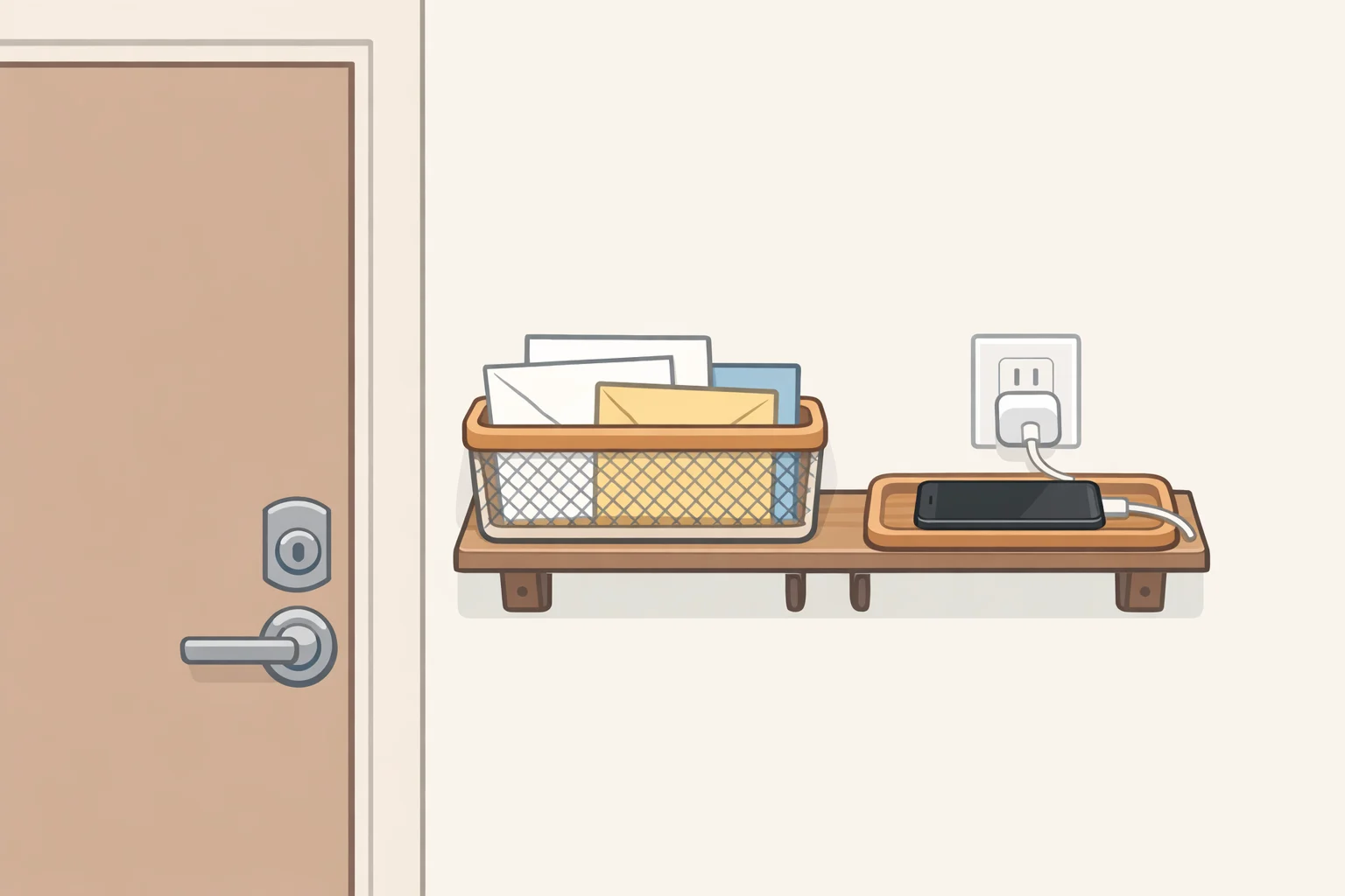 A countertop/entryway corner with a single mail basket where letters land when the door opens and a small charging tray next to the outlet so phones and cords have a default landing spot