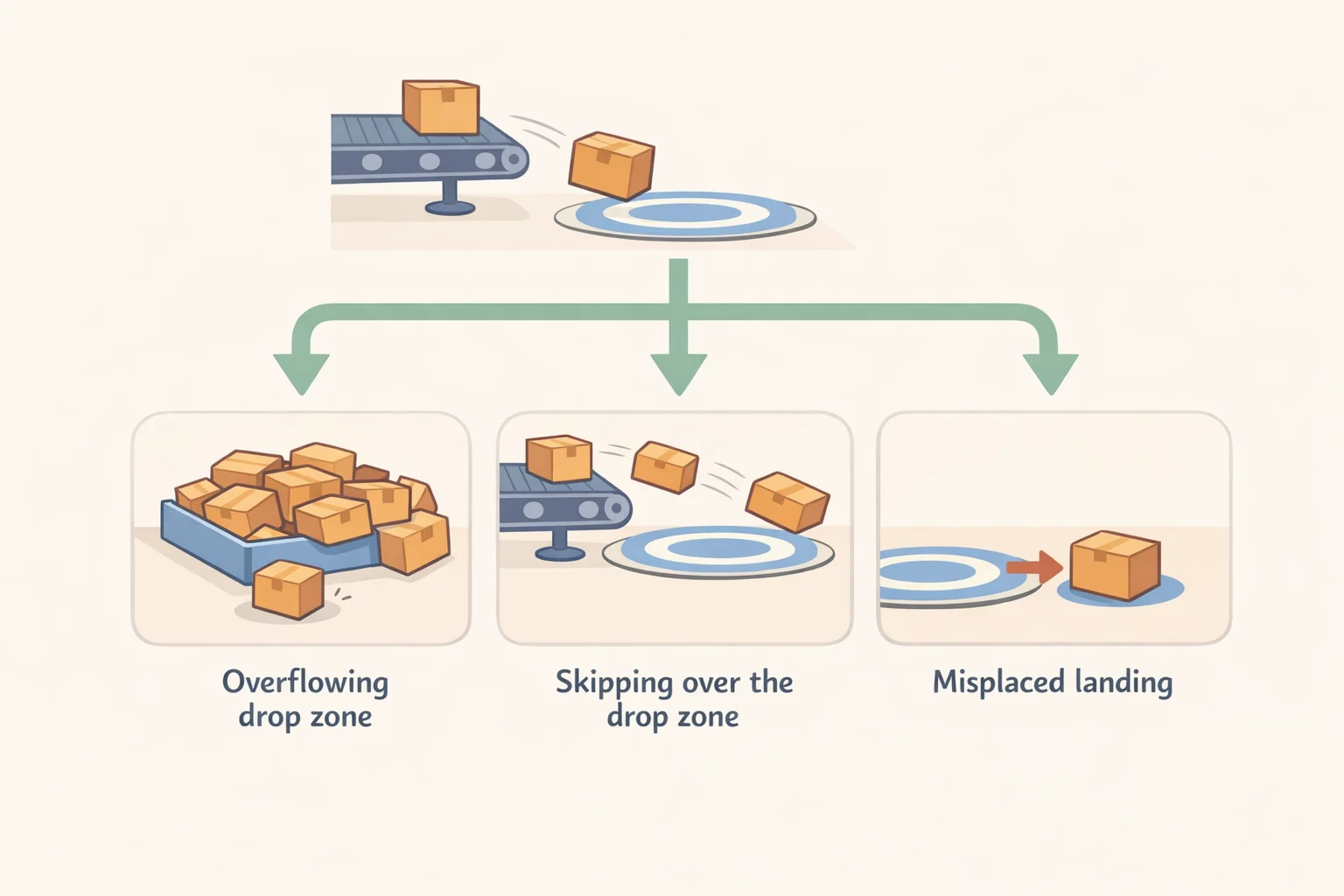 A checklist-style diagram guiding readers through what to adjust when a drop zone fails: moving storage to where items land, setting a visible capacity limit, shortening the path, and assigning the weekly reset