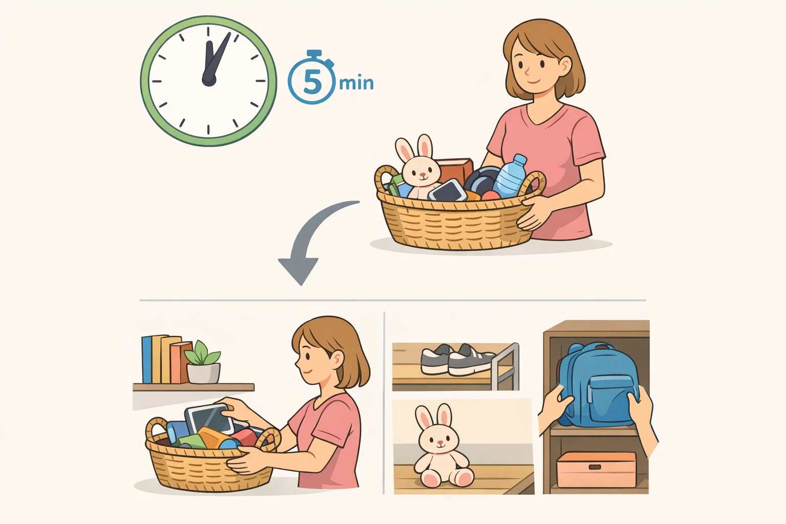 A simple schedule illustrating a five-minute weekly reset: emptying the mail basket, returning stray items, and wiping surfaces to keep the entryway system functional