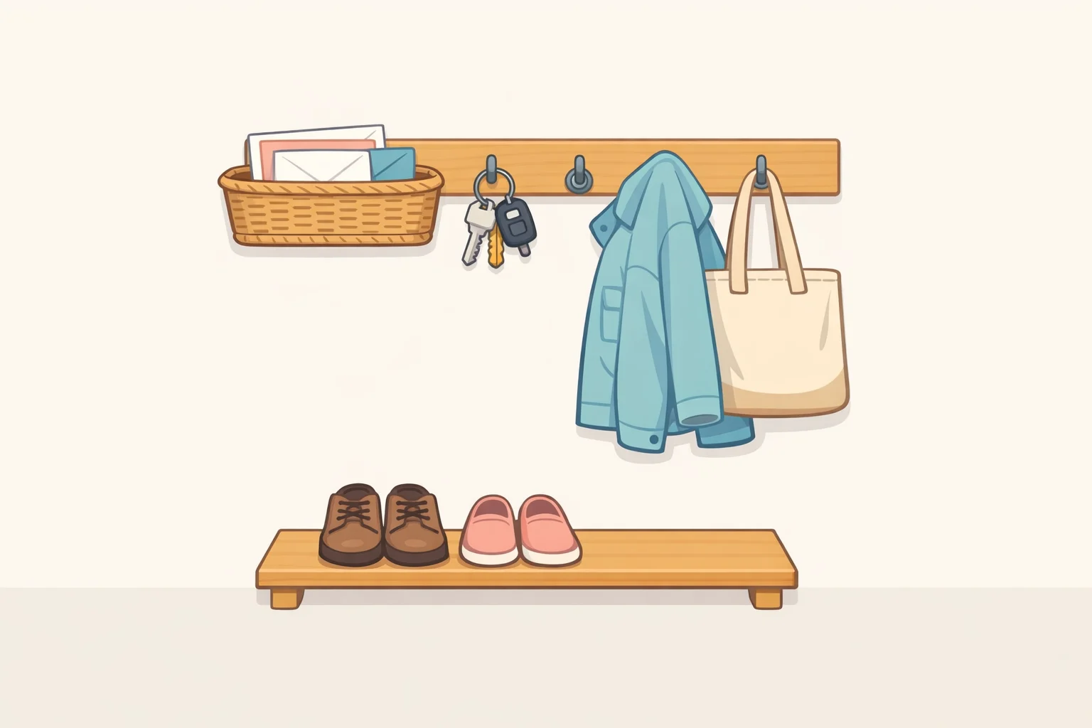 Layout for an entryway drop zone with a key hook above a shallow basket for mail, plus shoe storage and coat hooks—an easy home organizing ideas for lazy people setup that removes daily decision-making