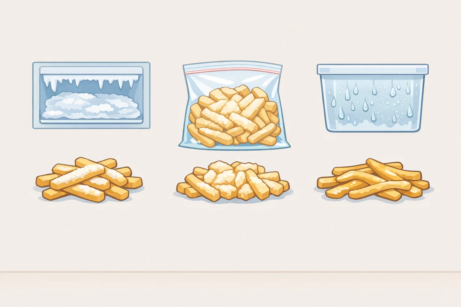 Mixed tray of frozen chips showing clumping from skipped tray-freezing, freezer burn from air exposure, and soggy chips from moisture left before freezing