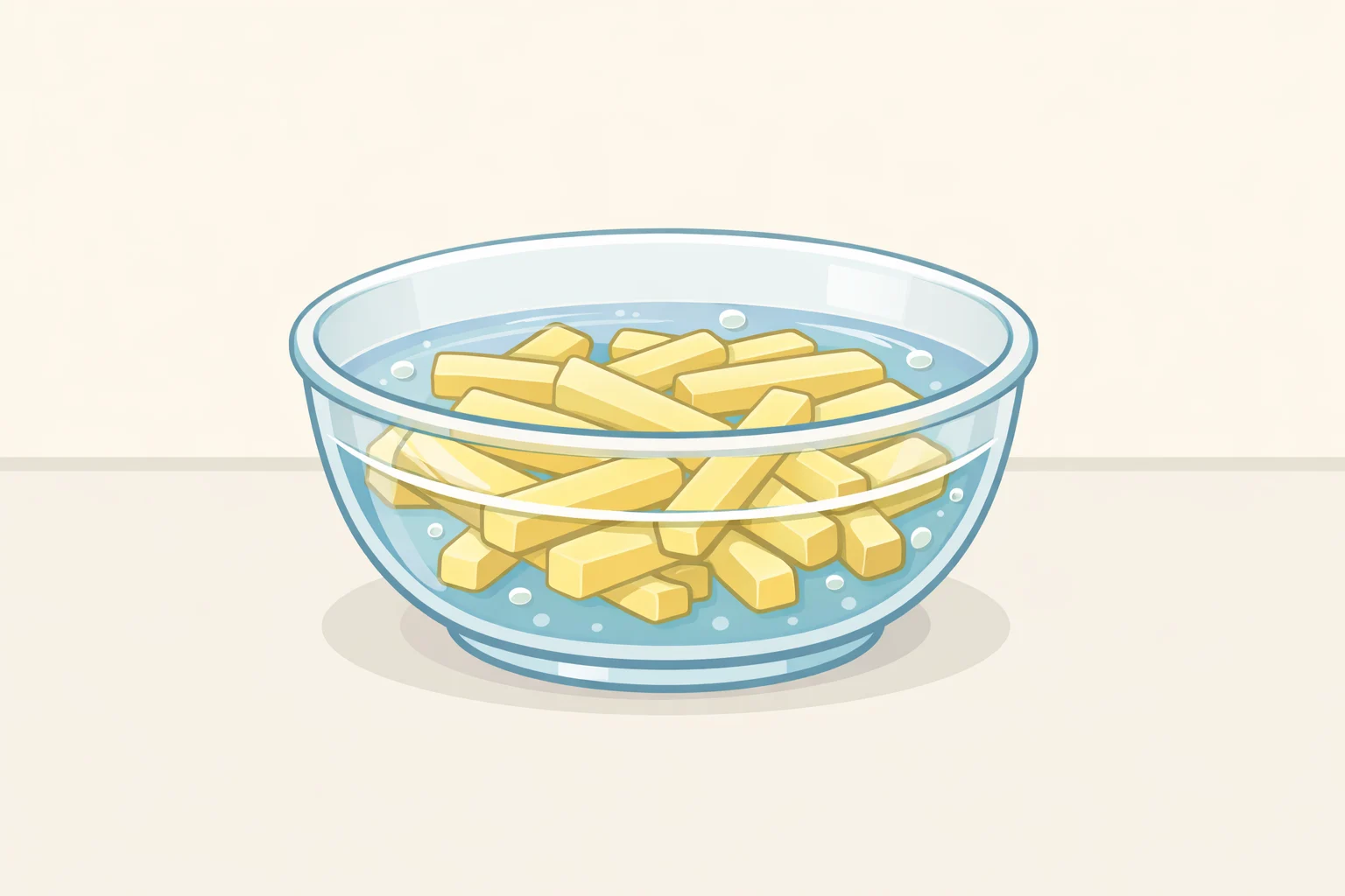 Cut potato batons soaking in room-temperature water for about 10 minutes before cooking—key for how to freeze homemade chips