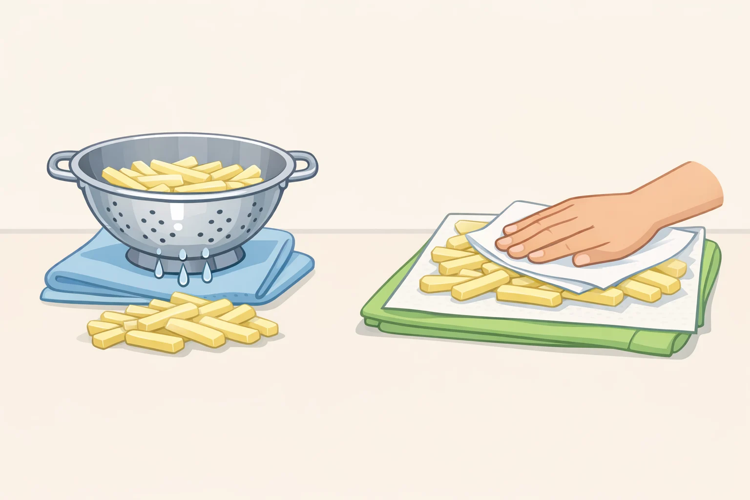 Blanched potato batons draining in a colander and being spread on clean kitchen towels, ready to cool and dry before freezing