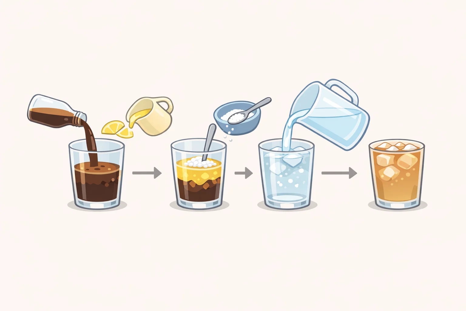 A bar-style prep image for an iced coffee lemonade recipe showing espresso or cold-brew concentrate mixed with fresh lemon juice and sugar, then topped with cold water and stirred