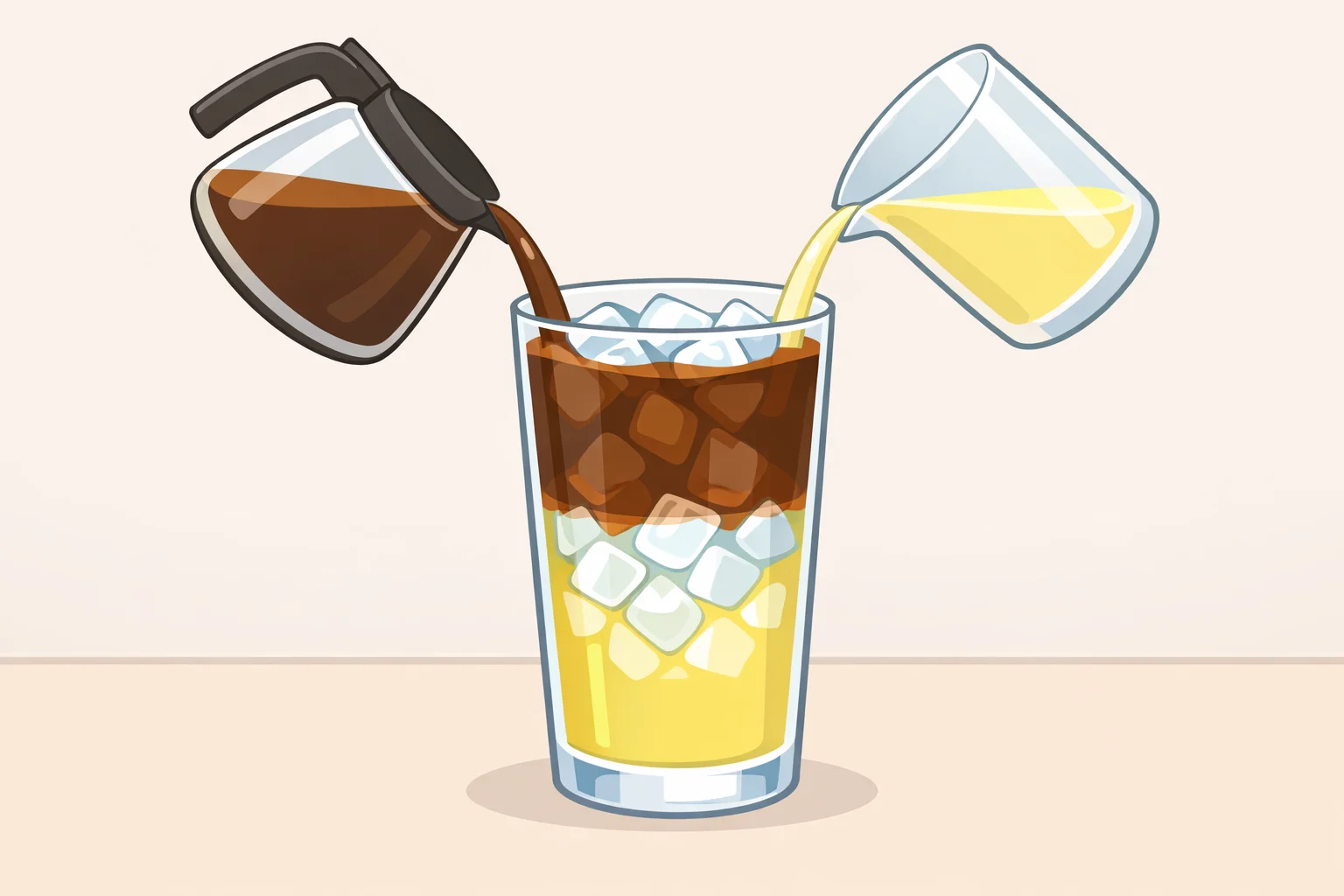 How to assemble a quick iced coffee lemonade recipe: a 16-ounce tall glass with ice, then equal pours of ready-to-drink iced coffee and lemonade, stirred and served cold