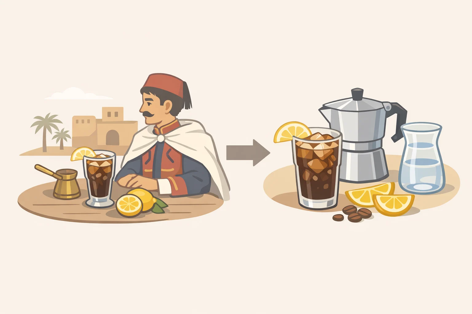 A historical coffee-and-citrus serving concept illustrating Mazagran as the inspiration behind today's iced coffee lemonade, reflecting the bright iced coffee lemonade recipe style