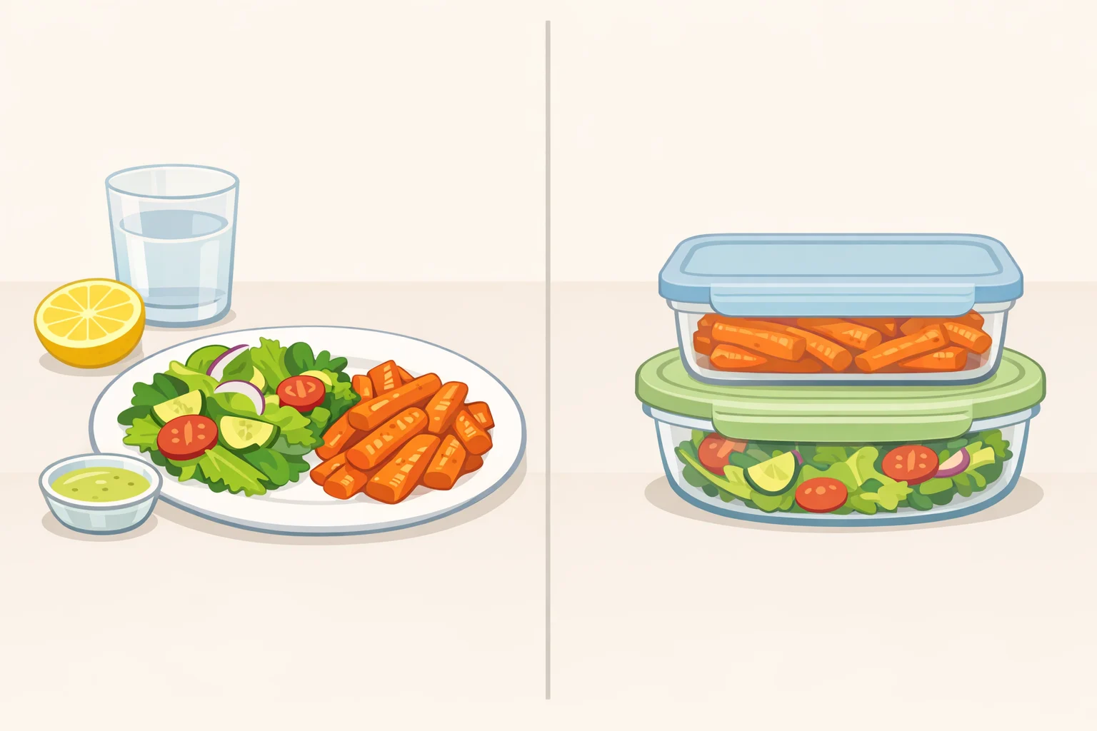 Plated melting carrots with a vinegar-dressed salad alongside labeled containers showing refrigeration and reheating readiness