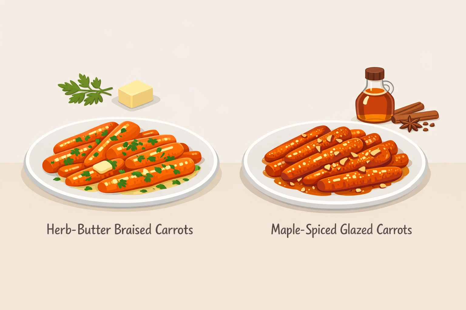 Side-by-side bowls of herb-butter melting carrots and maple-spiced melting carrots with different sauces for an Easter side dish