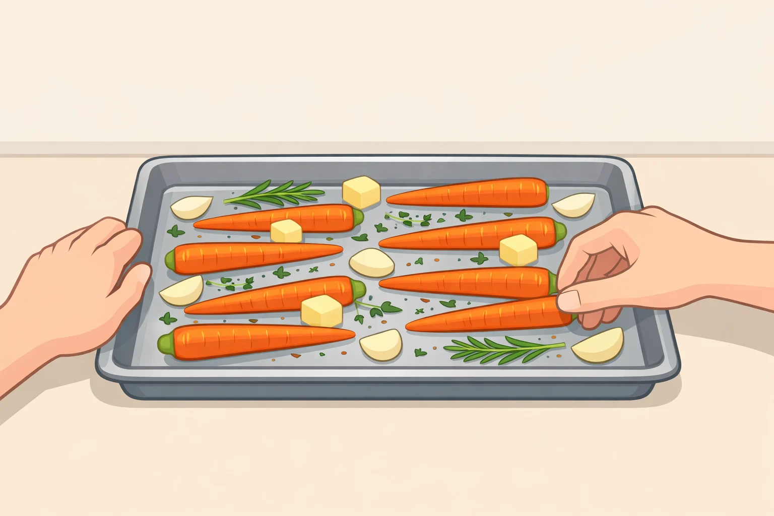 Roasting carrots in a single layer with melted butter, smashed garlic, and thymekey setup for a melting carrots recipe