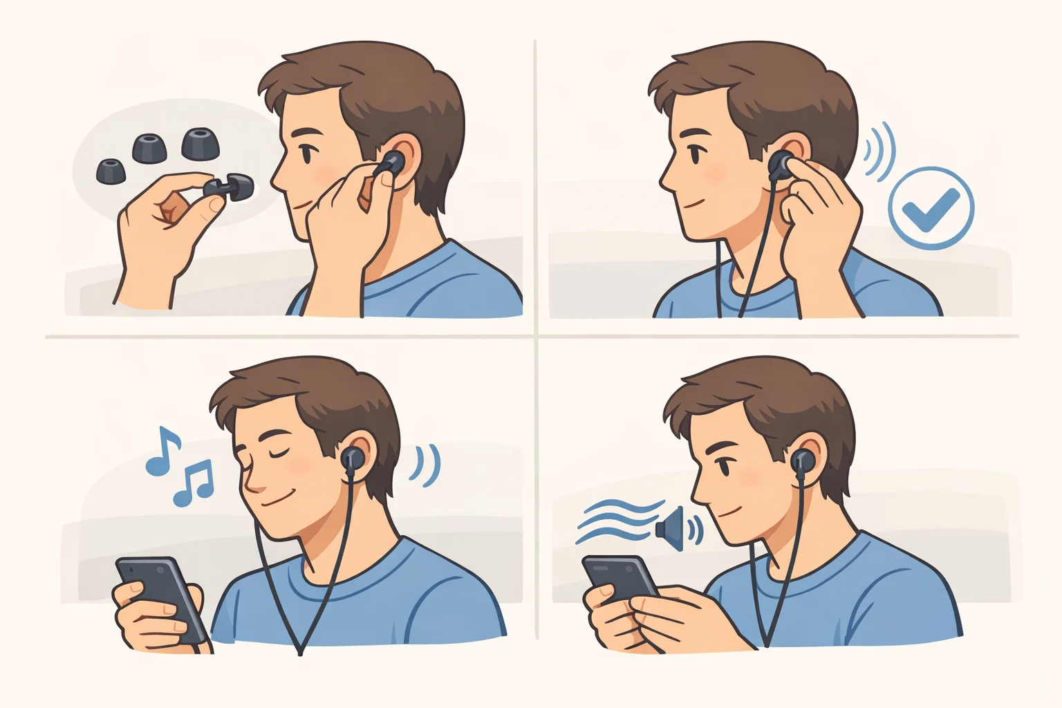 Illustration of a person trying different in-ear tip sizes to confirm seal, with a checklist for evaluating rumble, punch, muddiness, and buried vocals during a return-window test.