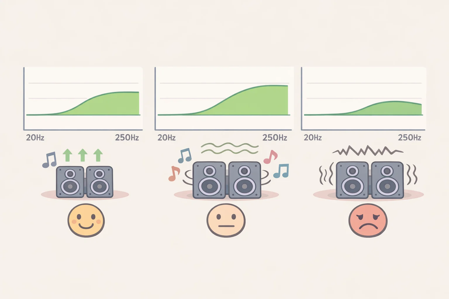 EQ editor screenshot-style illustration showing a gradual bass-shelf boost limited to the 20–250Hz region, with on-screen cues to reduce the boost if the bass becomes muddy or bleeds into vocals.