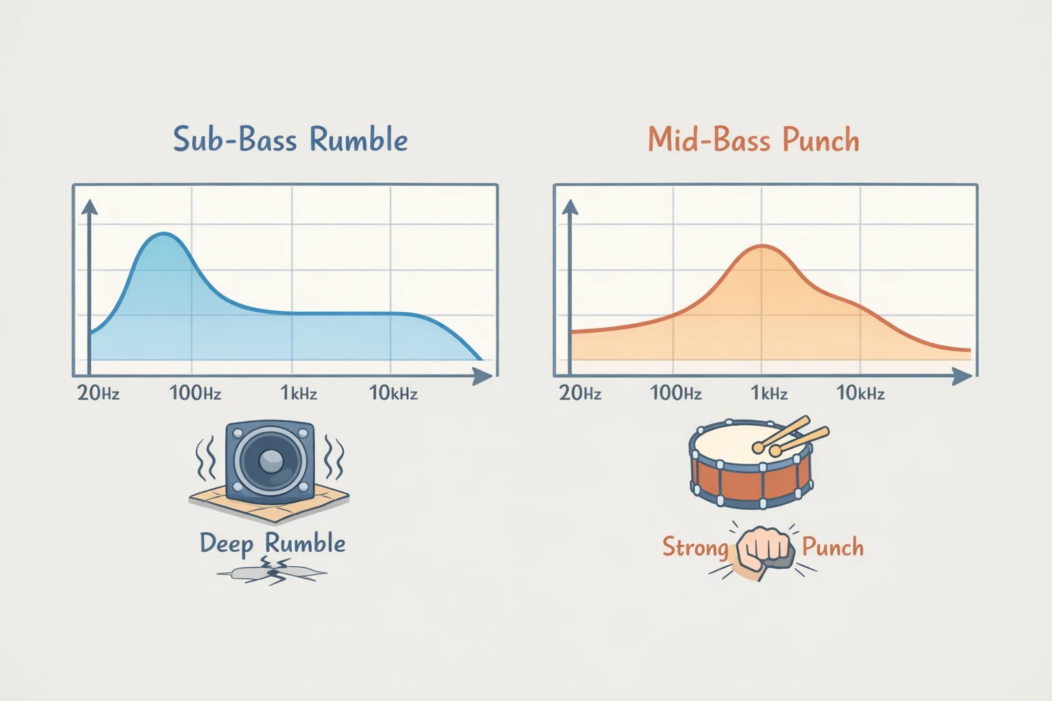Side-by-side chart illustration comparing two hypothetical frequency-response curves: one rising steadily to show extended sub-bass rumble, and one peaking around 100Hz to show mid-bass punch with less bottom-end rumble.