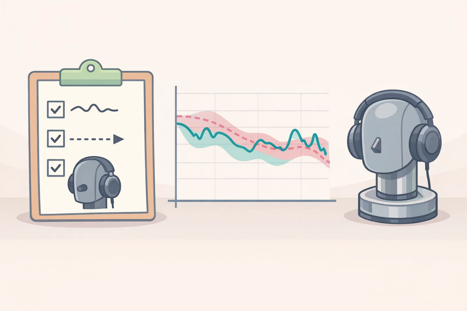 Checklist-style illustration showing what to look for on a product page when learning how to choose headphones for the best bass: a measured frequency-response curve, the target it’s compared against, and the rig or measurement method.