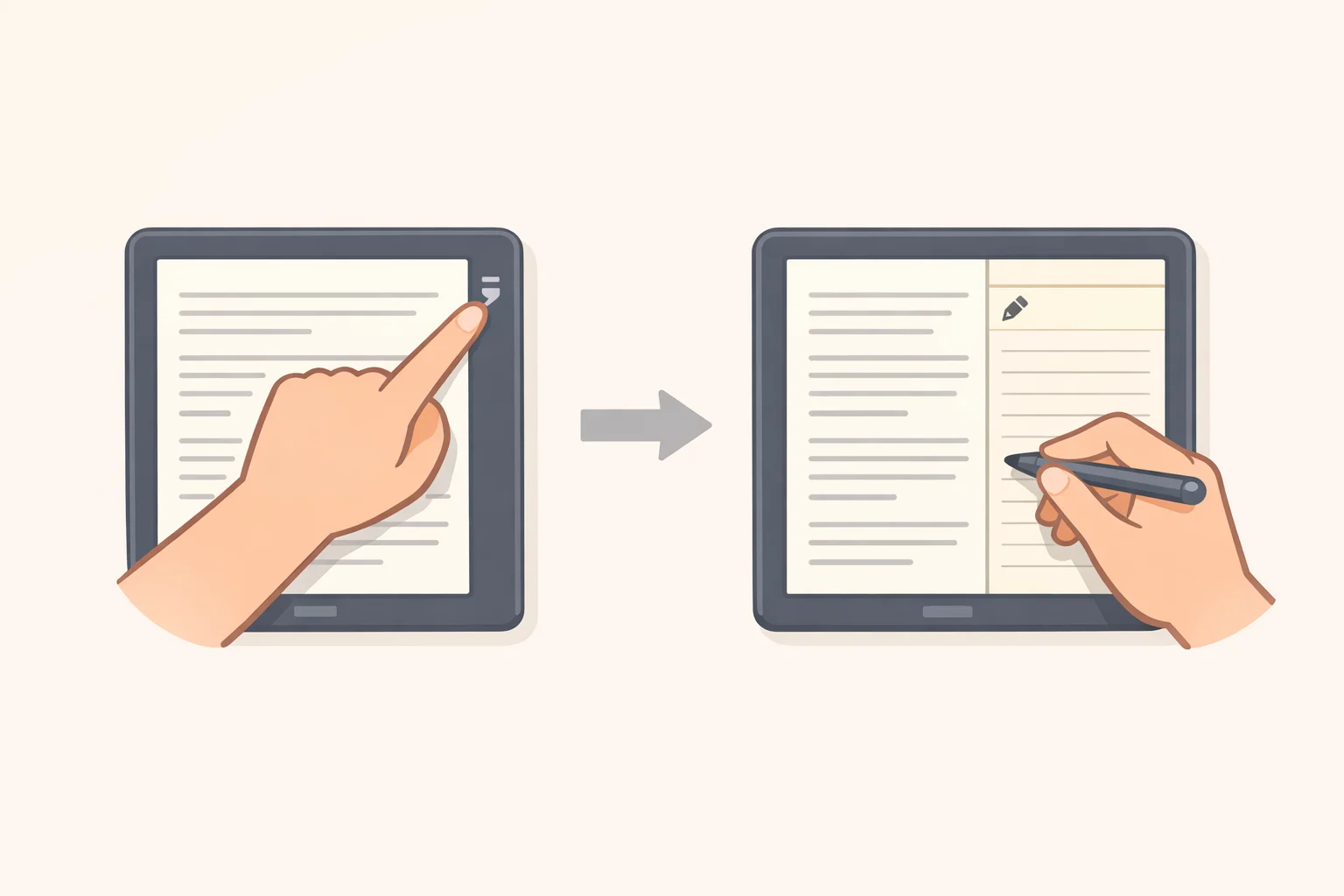 Illustration of the Kindle Scribe Side Panel Margin feature with a docked writing panel next to an ebook page
