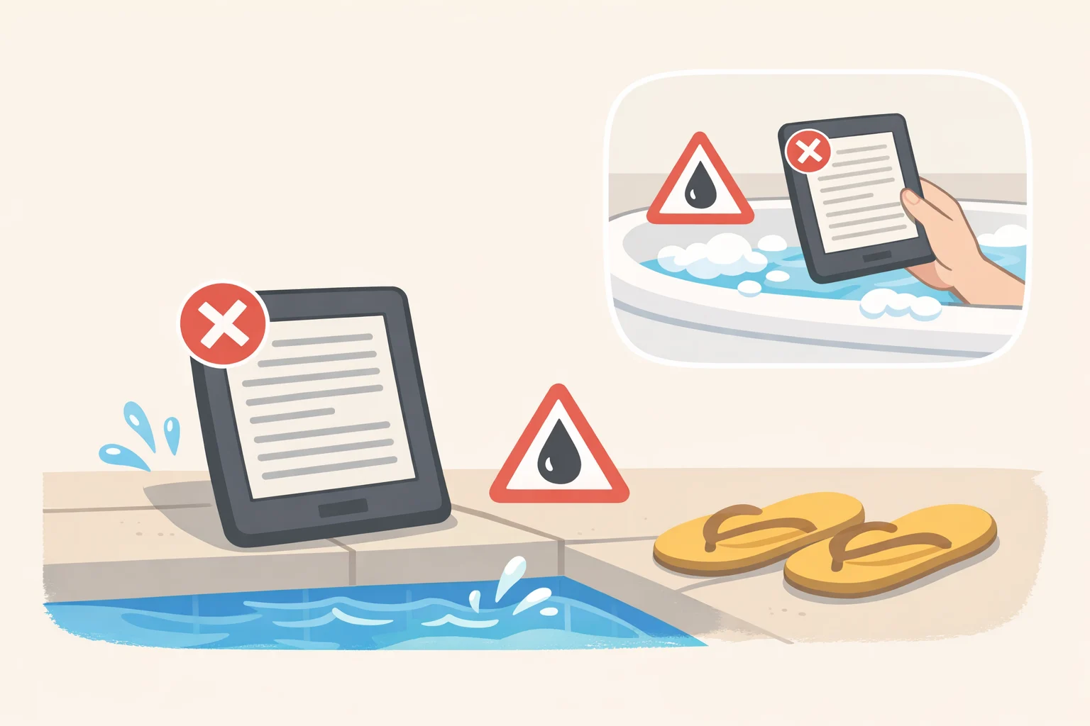 Illustration of a Kindle Scribe device being kept away from splashes to emphasize it is not waterproof