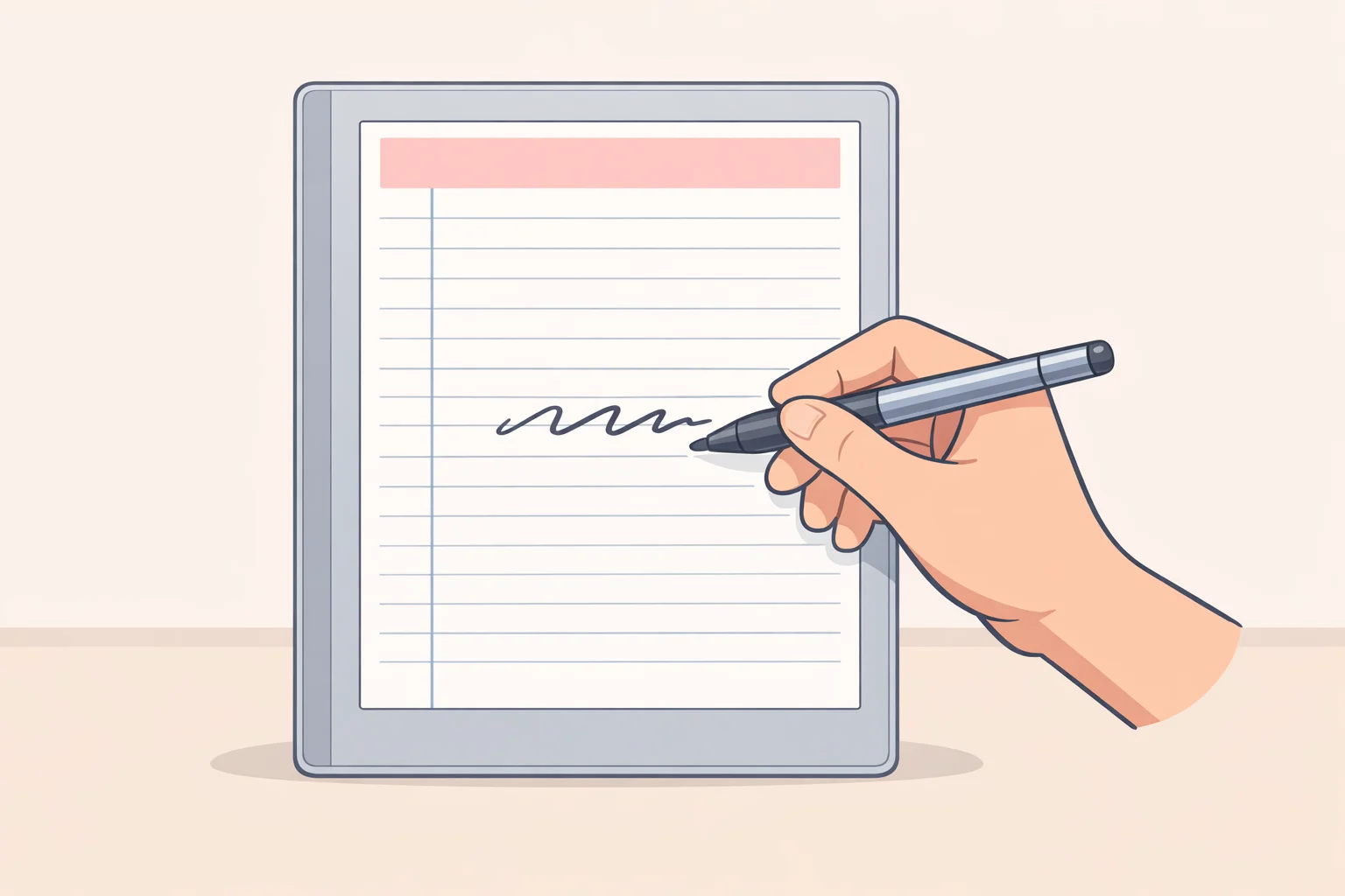 Illustration of a Kindle Scribe 2022 e-ink display showing handwriting on a lined notebook template with the Premium Pen