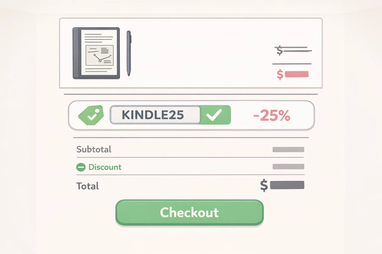 Checkout view for a refurbished Kindle Scribe deal with the KINDLE25 promo code applied to a $149.99 price