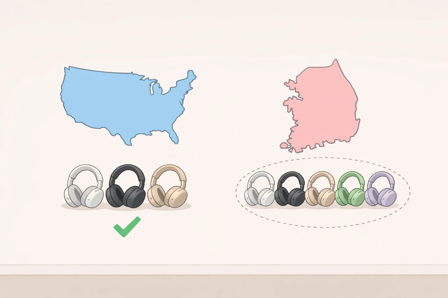 World map-style graphic marking South Korea with six WH-1000XM6 colors claimed and the United States with only the Olive Gray SKU confirmed.