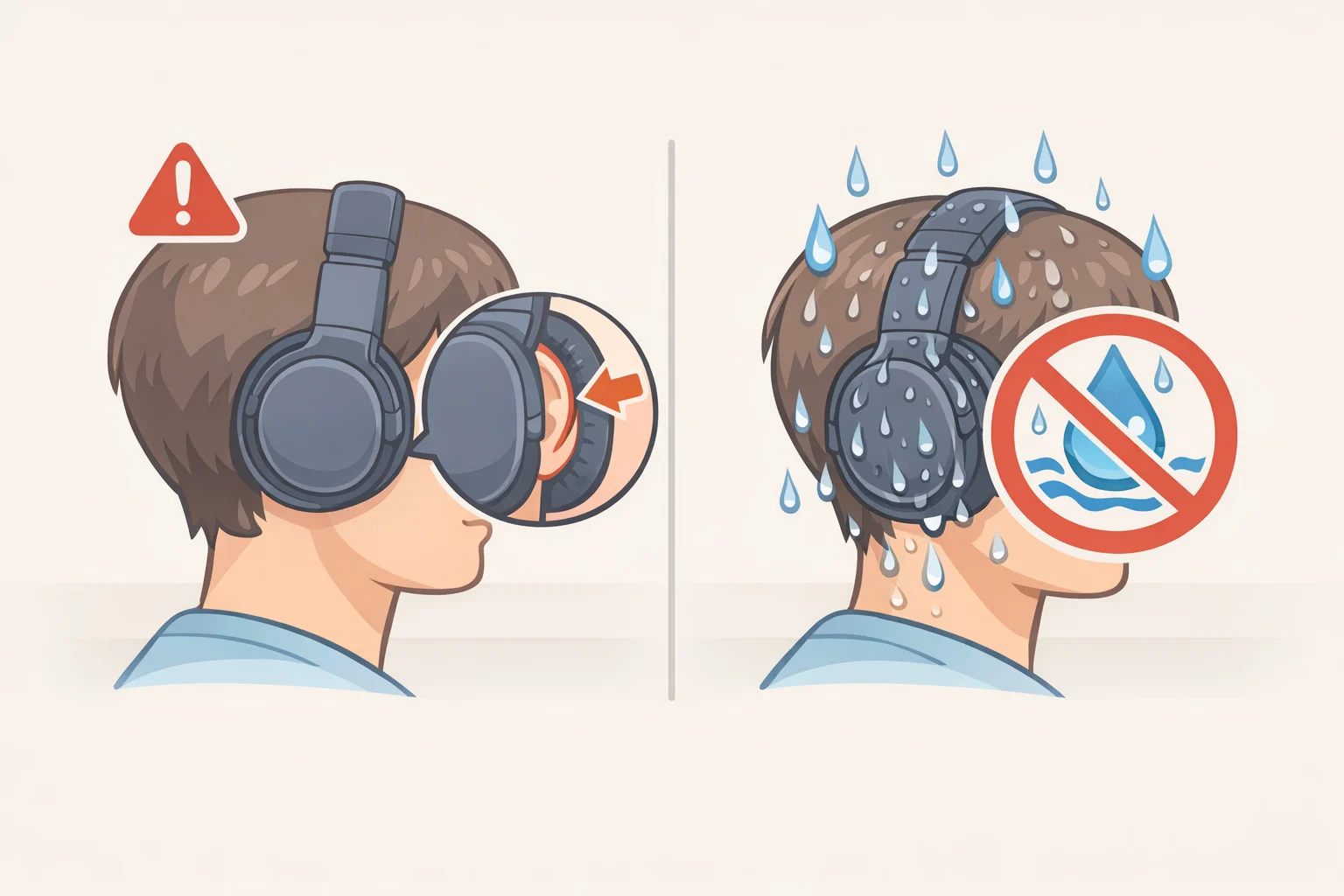 Side-by-side style illustration of shallow earcups pressing against larger ears and a warning that the headphones lack an ingress-protection rating for rainy conditions.